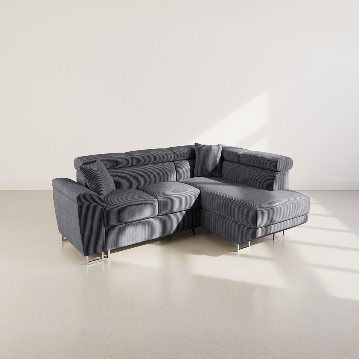 BEST MOBILIER Baoji - canapé d'angle droit 5 places convertible avec têtières et coffre en velours côtelé