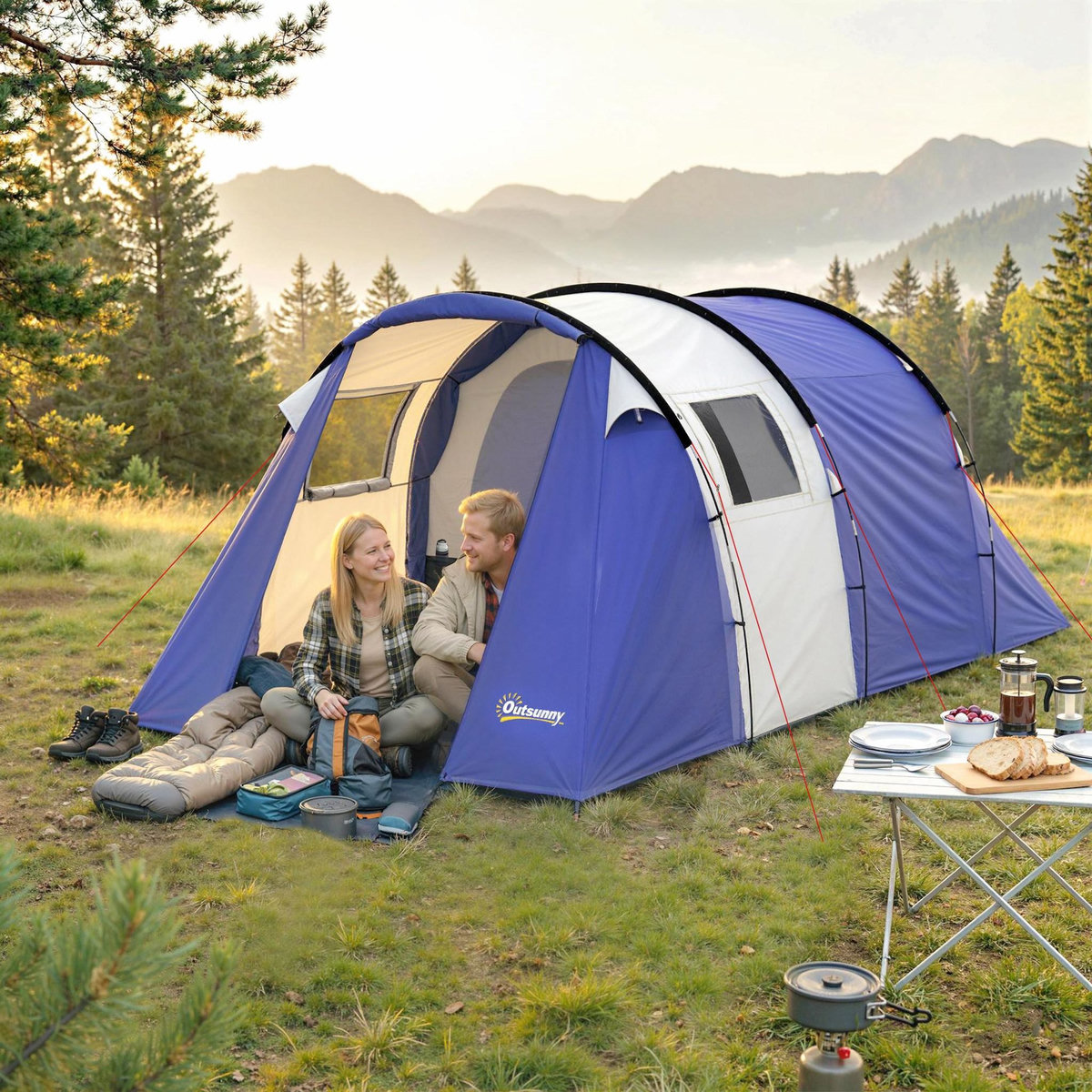 OUTSUNNY Tente de camping 4 pers. chambre + séjour imperméable 3000mm - 4,20x3x2m - bleu
