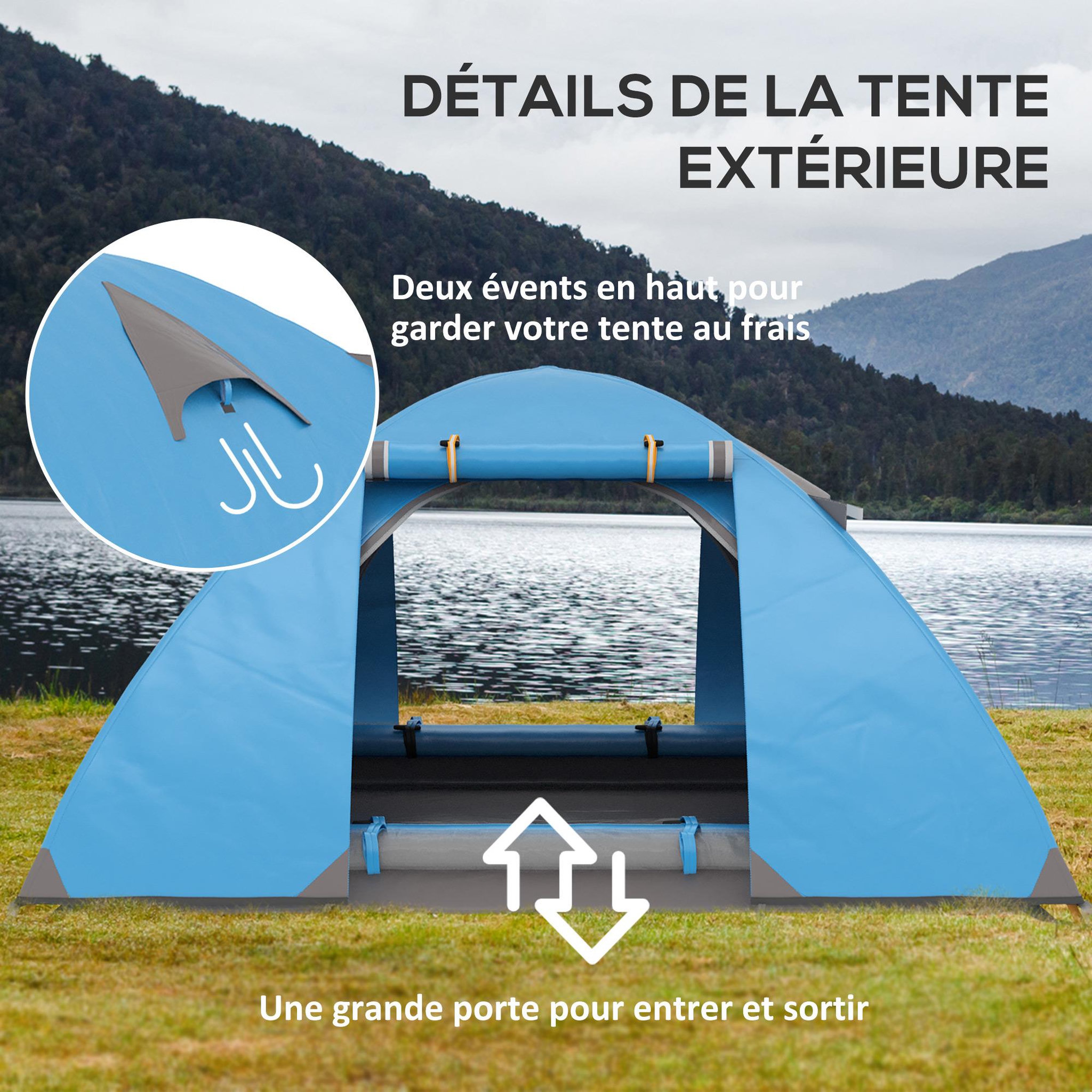 Voir la diapositive 6 : OUTSUNNY Tente de camping 2-3 personnes dim. 268L x 214l x 103H cm - 2 portes zippées, tapis sol, sac transport - alu. polyester gris bleu