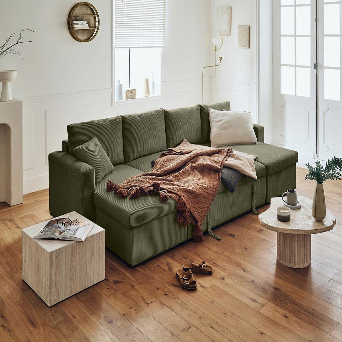 BEST MOBILIER Cyrus - canapé panoramique en u - 7 places - convertible avec coffre - en velours côtelé