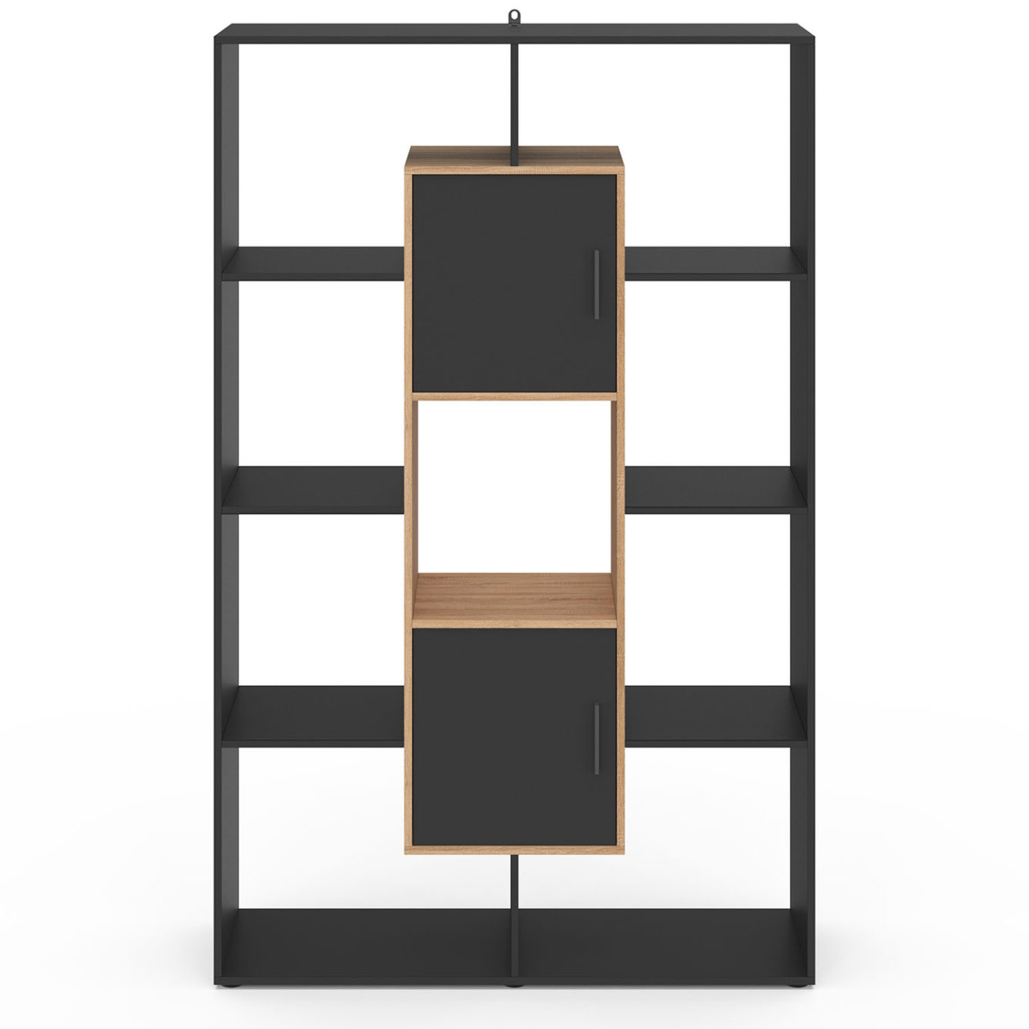 Voir la diapositive 3 : ID MARKET Etagère bibliothèque colette avec 11 compartiments et 2 cases noir et effet bois 143 cm