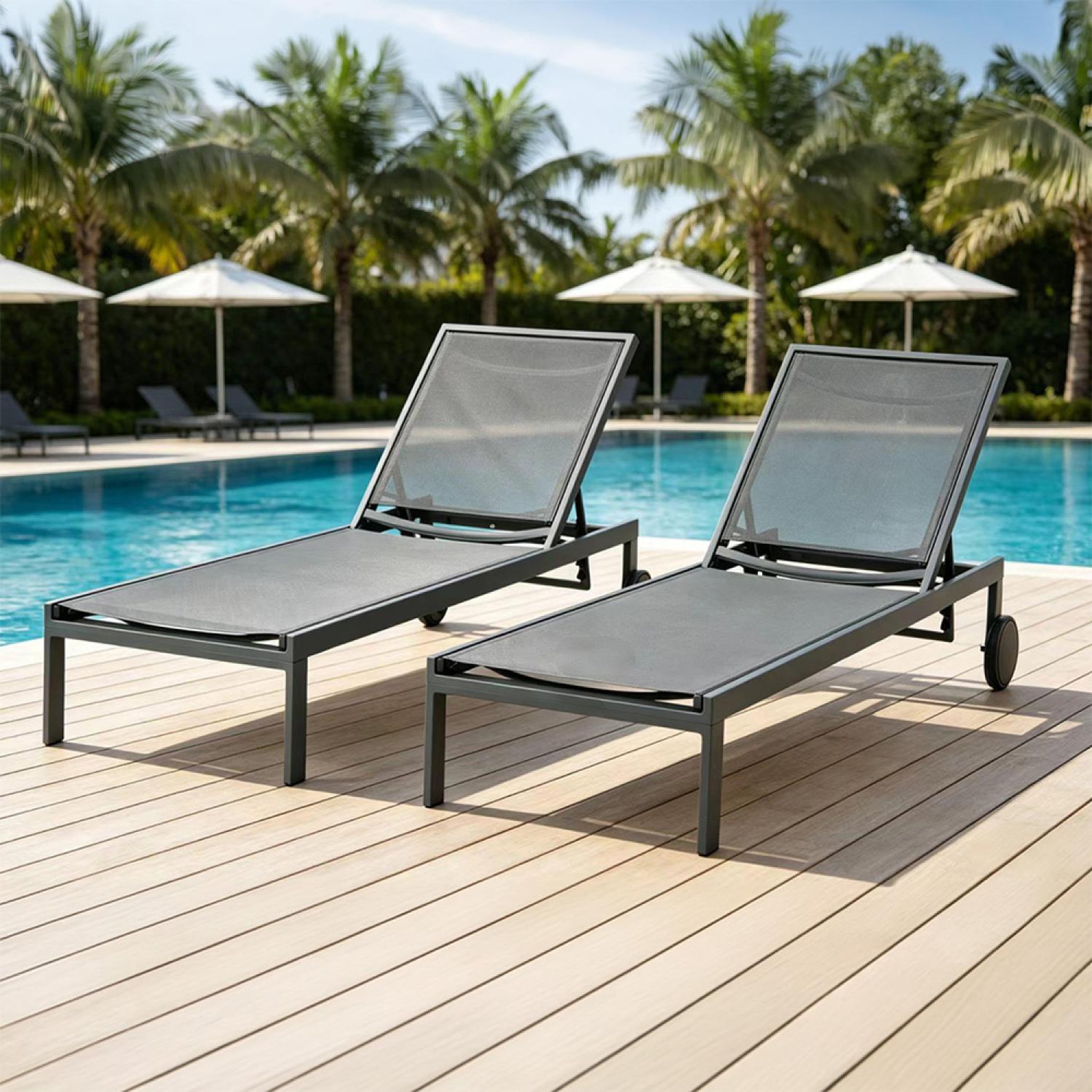 Voir la diapositive 2 : CONCEPT USINE Lot de 2 bains de soleil inclinables gris foncé avec roues en aluminium cuba