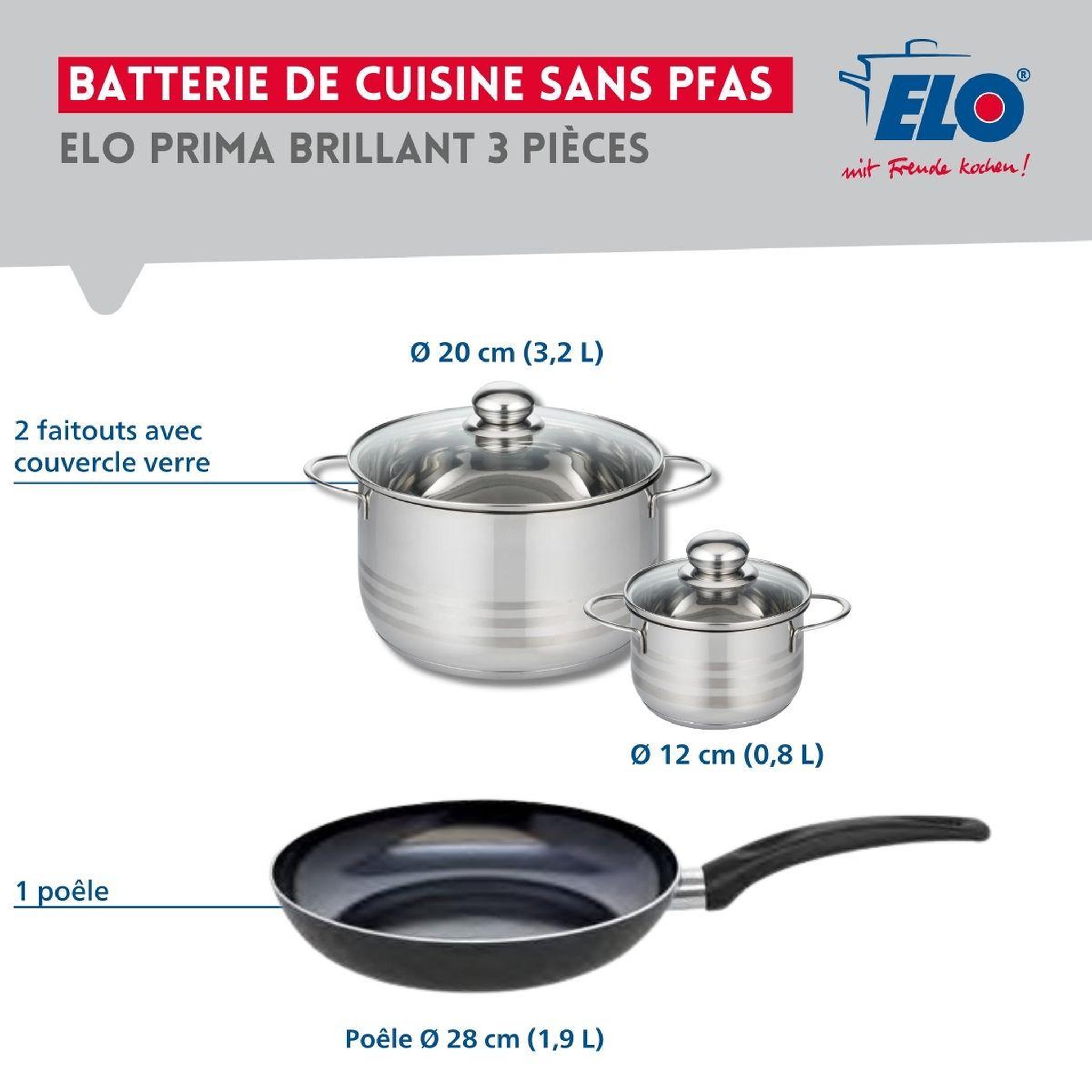 Voir la diapositive 2 : ELO Ensemble de 1 poêle de cuisson 28 cm et 2 faitouts 12 et 20 cm elo prima brillant