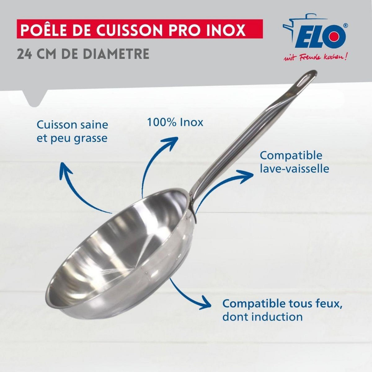 ELO Poêle à frire 24 cm en inox 18/10 sans revêtement de 1,7 litres Elo Profi Therm