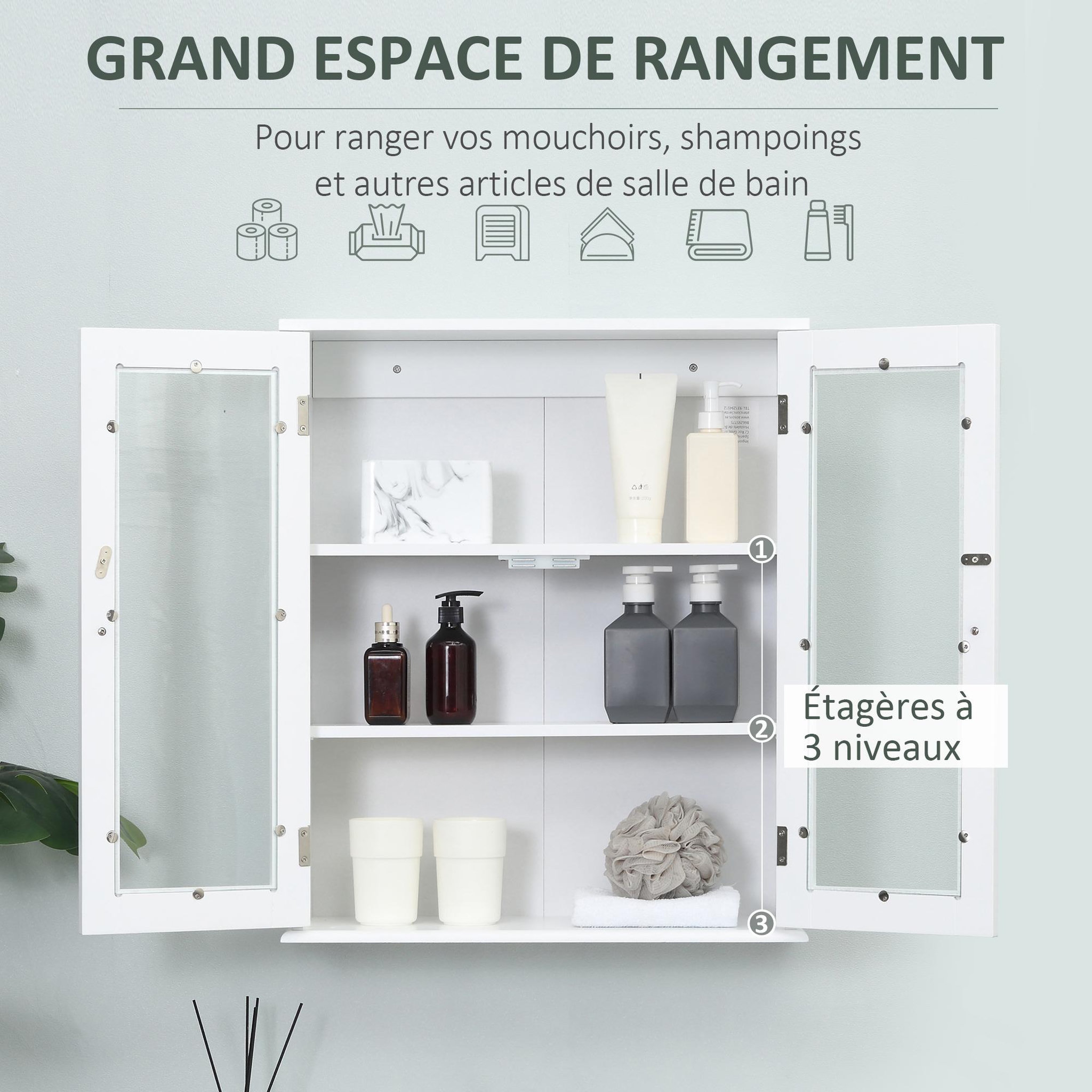 Voir la diapositive 4 : KLEANKIN Armoire murale salle de bain 2 portes vitrées 2 étagères 55 x 20 x 65 cm blanc