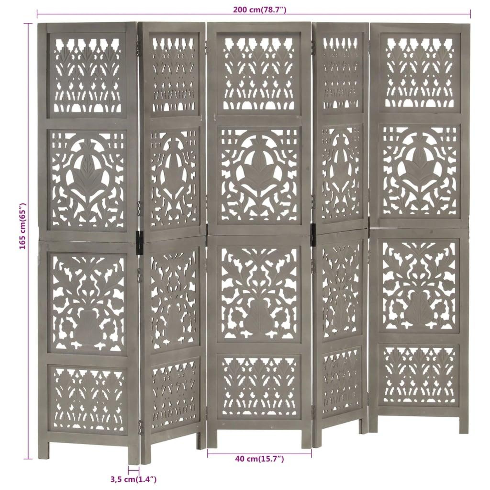 Voir la diapositive 6 : VIDAXL Cloison de separation 5 panneaux Gris 200x165 cm Bois manguier