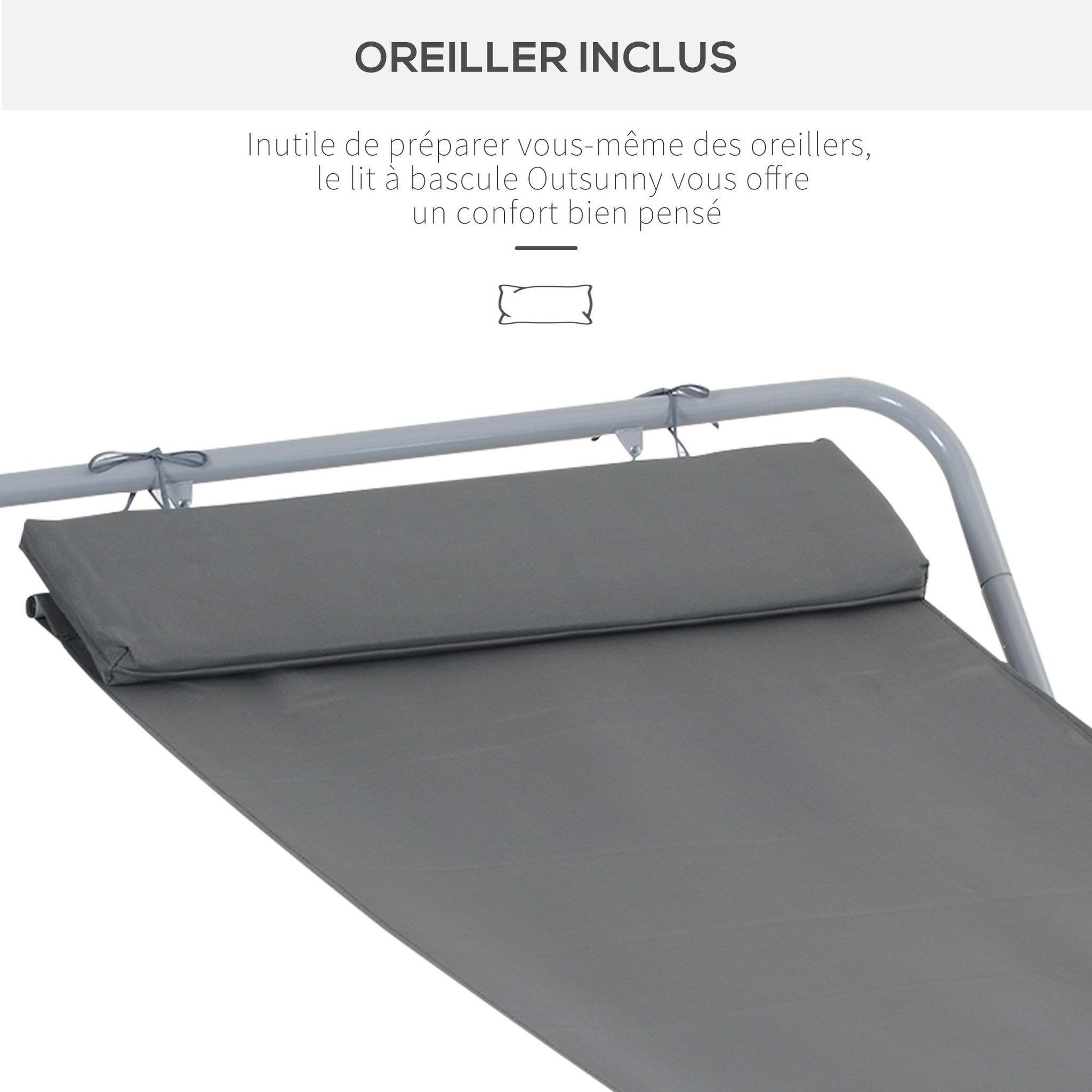 Voir la diapositive 4 : HOMCOM Bain de soleil transat de jardin bascule hamac 212L x 130l x 60H cm gris