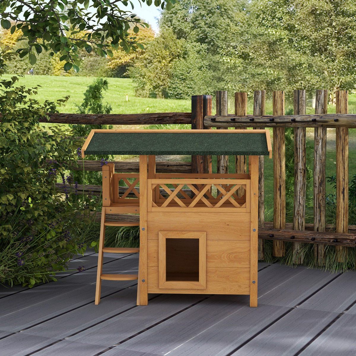 PAWHUT Maison lodge chat chien - niche villa avec terrasse, escalier, toit - 77 x 50 x 73 cm - bois pin pré-huilé