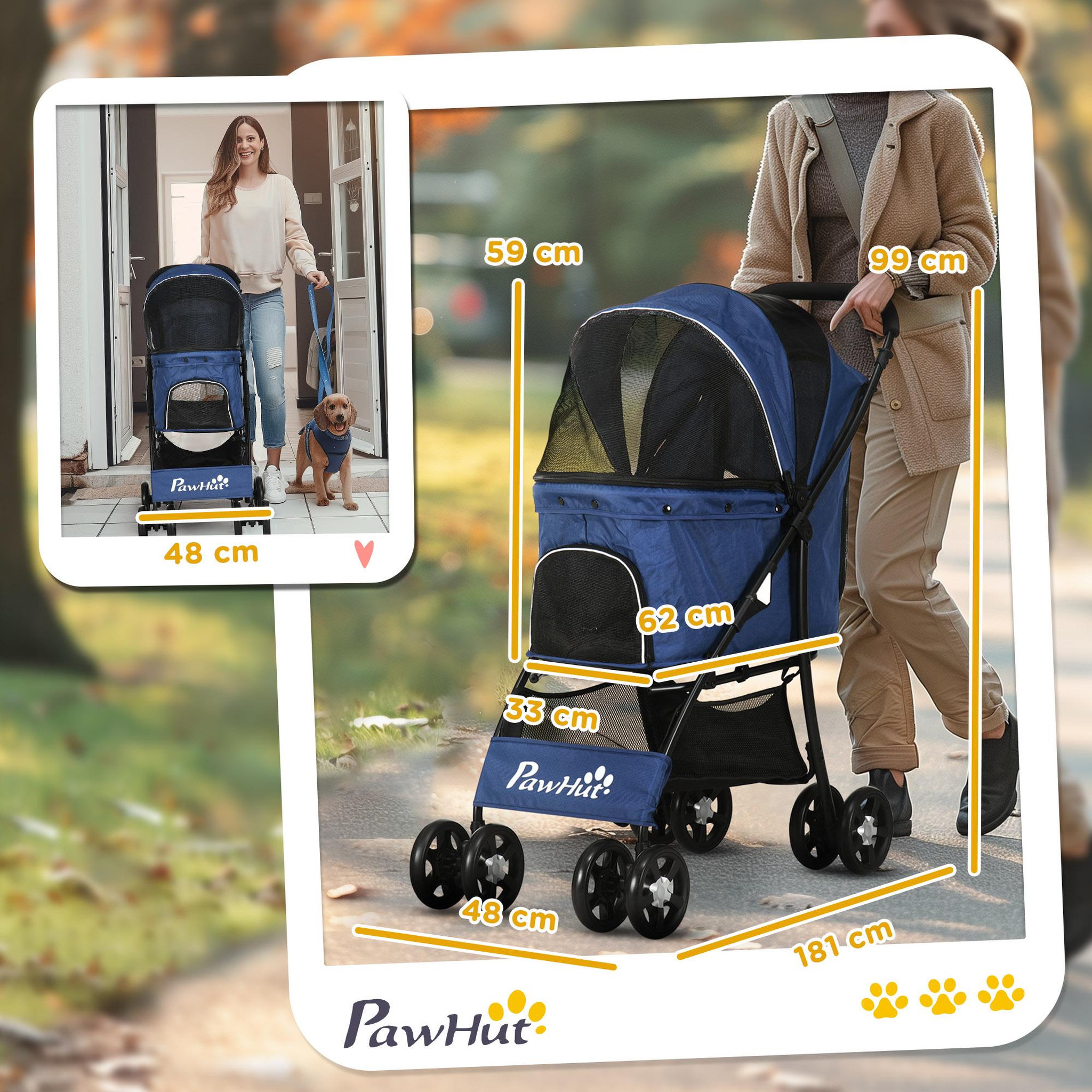 Voir la diapositive 3 : PAWHUT Poussette pliable pour chien chat - 4 roues doubles, 2 freins, attache, coussin inclus - acier Oxford bleu