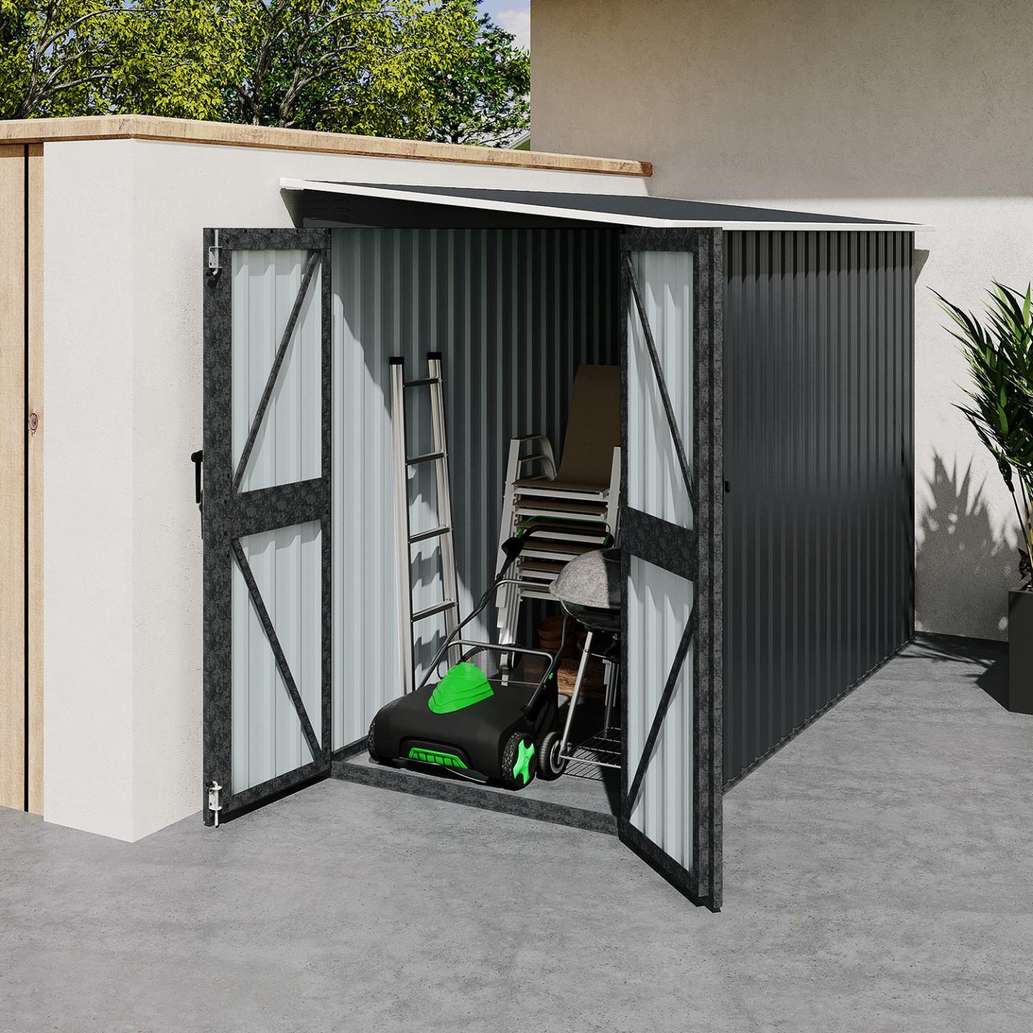 Voir la diapositive 4 : ID MARKET Abri de jardin adossé 3 m² gris en acier galvanisé double porte latérale