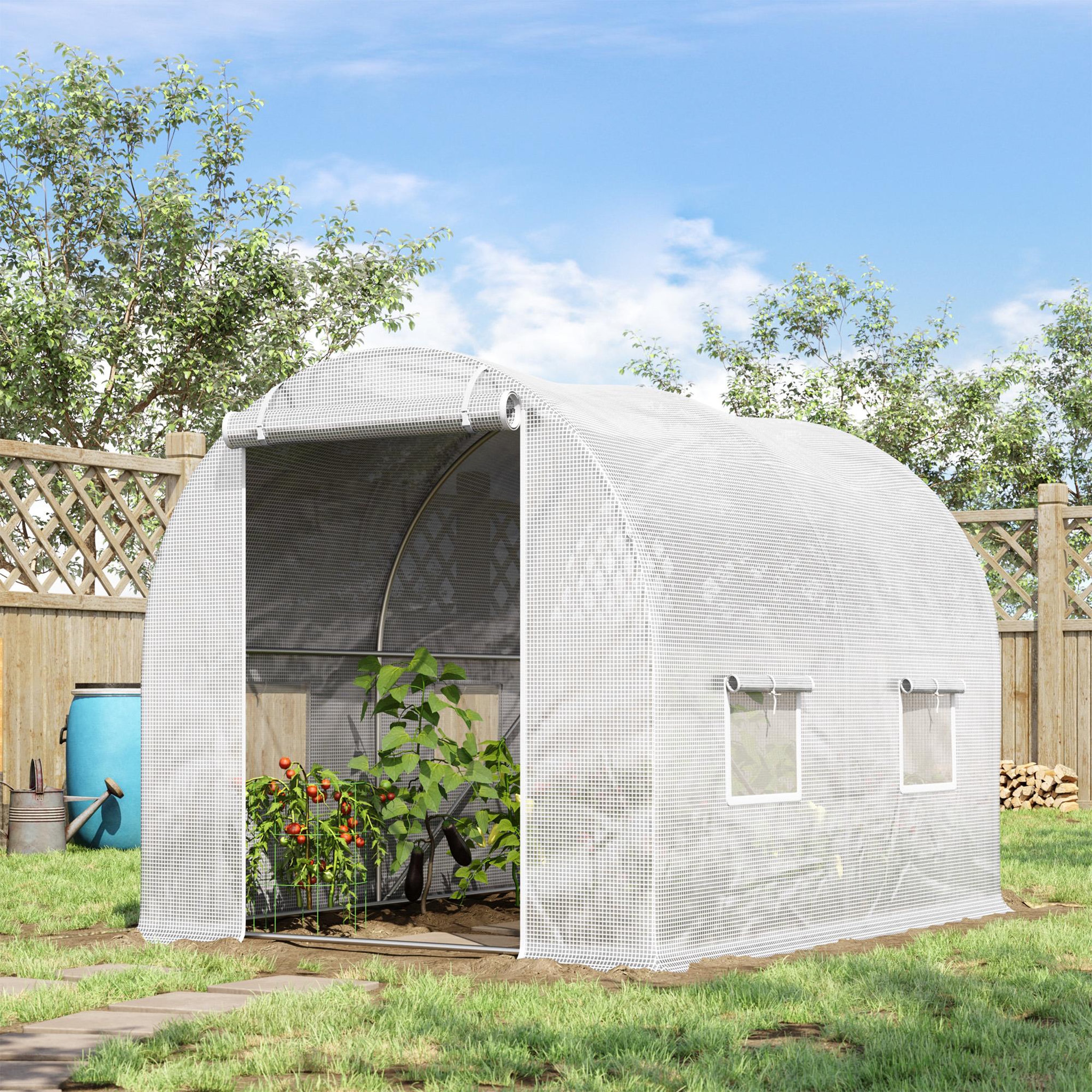 Voir la diapositive 2 : OUTSUNNY Serre de jardin tunnel 6 m² 3l x 2l x 1,9h m acier galvanisé renforcé diamètre 2,4 cm + pe haute densité fenêtres porte blanc