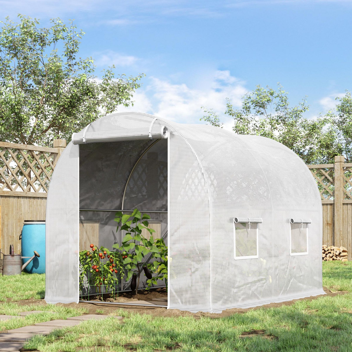 OUTSUNNY Serre de jardin tunnel 6 m² 3L x 2l x 1,9H m acier galvanisé renforcé diamètre 2,4 cm + PE haute densité fenêtres porte blanc