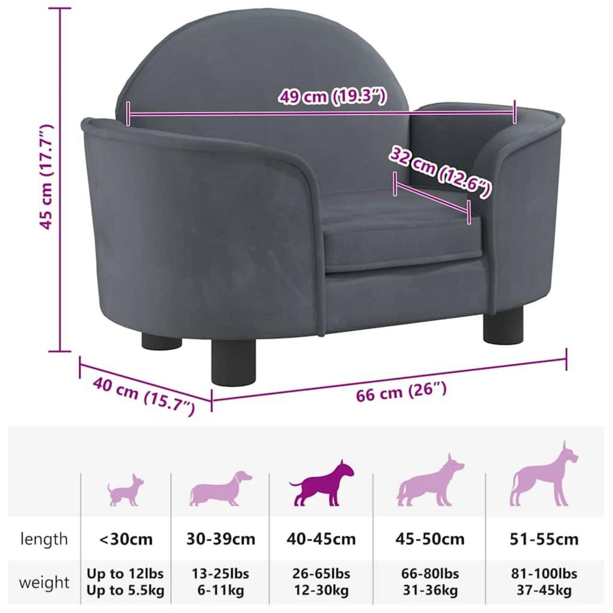VIDAXL Lit pour chien gris fonce 66x40x45 cm velours