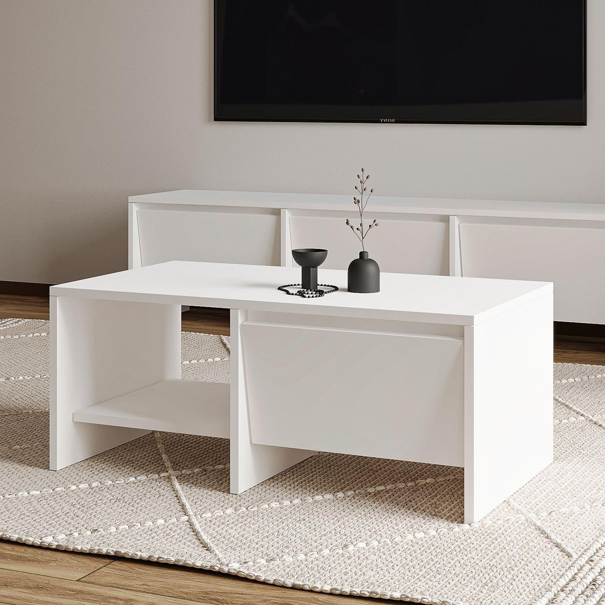 Voir la diapositive 2 : Habitat et Jardin Table basse en bois  laris  - 90 x 45 x 35 cm - blanc
