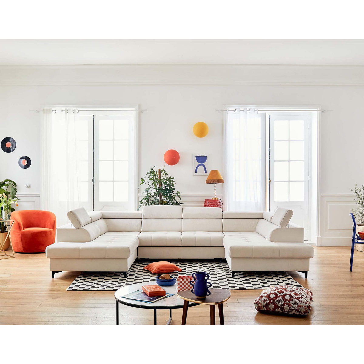 LISA DESIGN Merida - canapé panoramique en u - 7 places - convertible avec coffres et têtières réglables - en velours