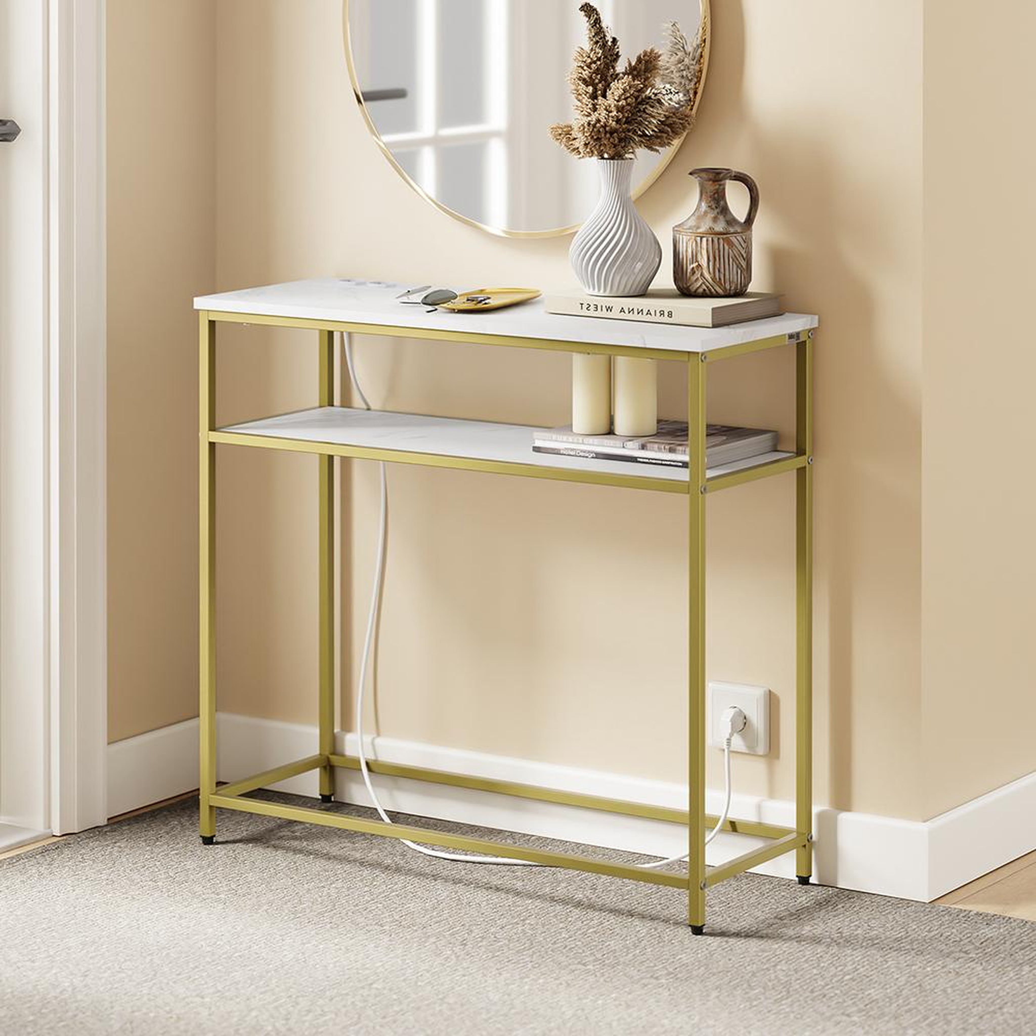 Voir la diapositive 4 : SOBUY Console d'entrée dorée avec prises électriques 80x30x75 cm FSB106-E-G