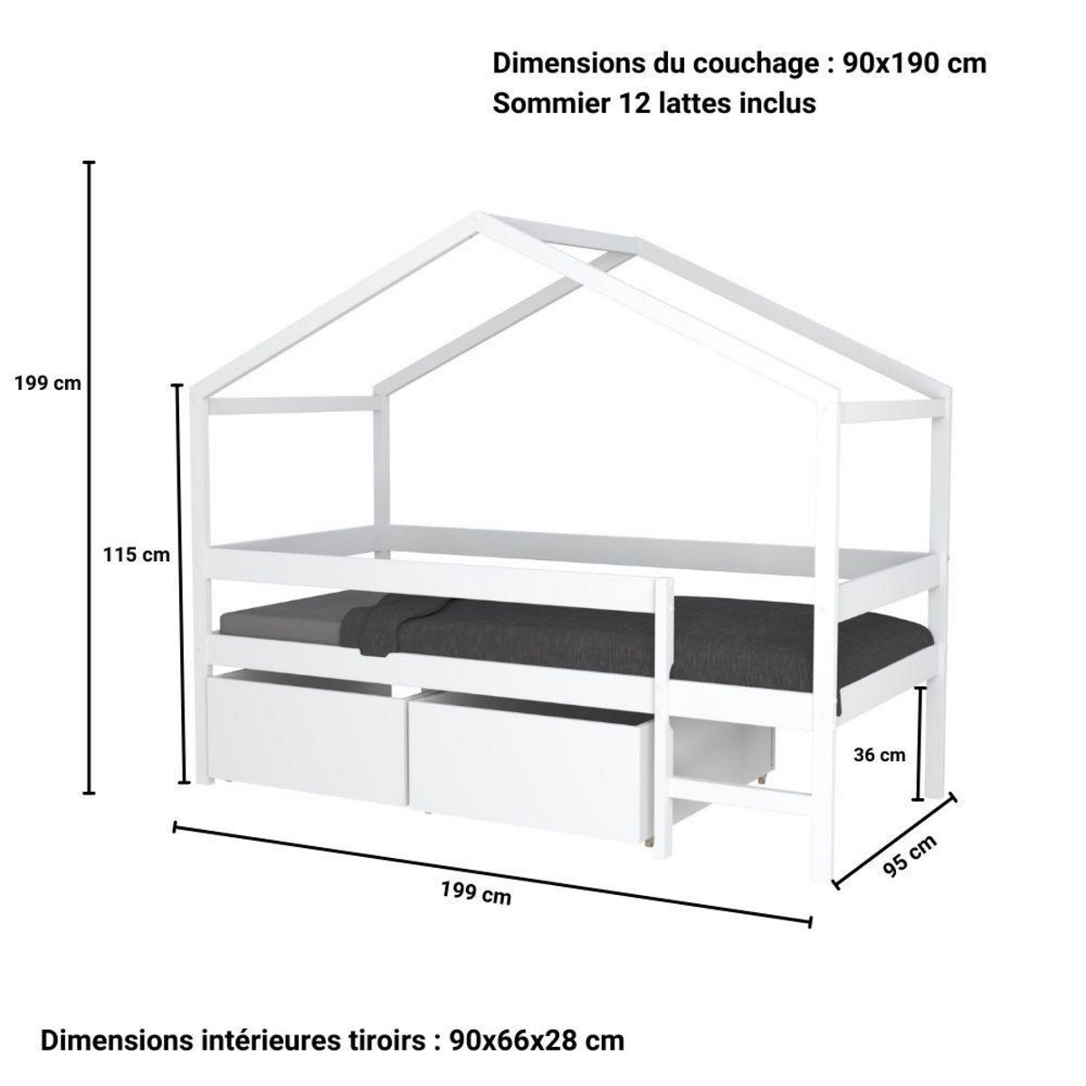 Lit cabane bois massif 90x190 cm avec 2 tiroirs sommier barrière et échelle ELIO