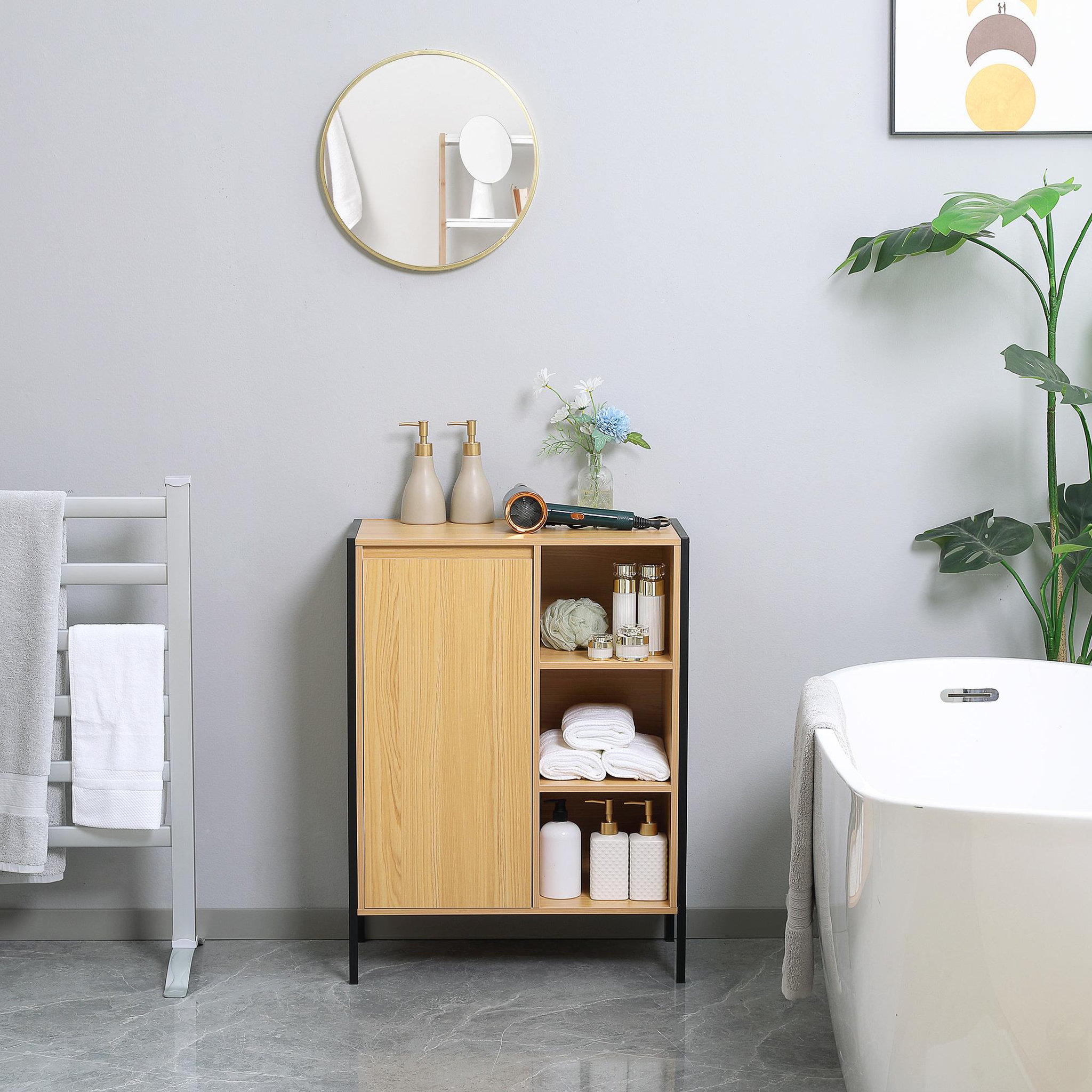 Voir la diapositive 4 : KLEANKIN Meuble salle de bain - porte, étagère, 3 niches - dim. 60L x 28l x 80H cm - châssis acier noir panneaux aspect bois clair