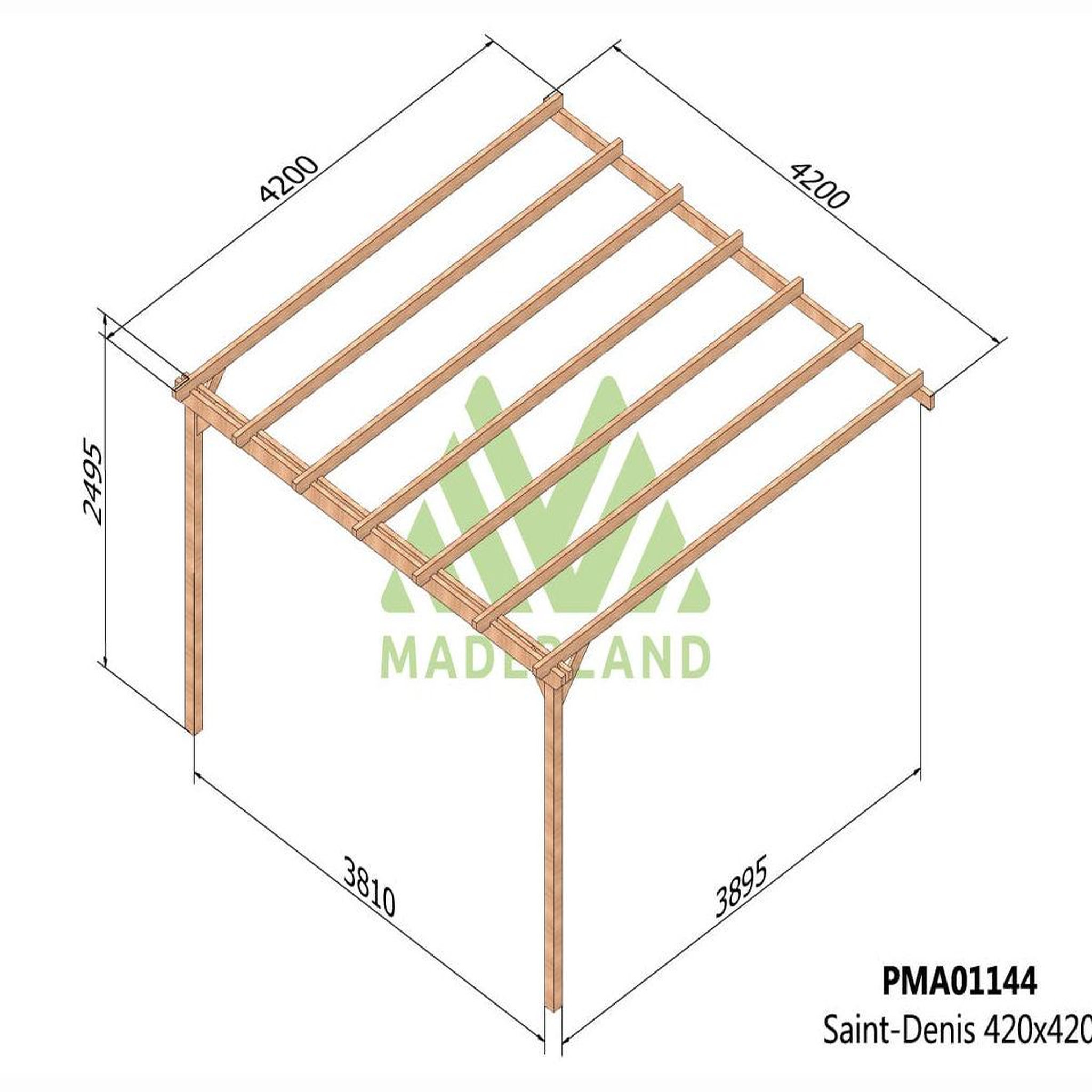 Voir la diapositive 2 : JARDIDECO Pergola adossée en bois massif saint-denis 420 x 420 cm - maderland