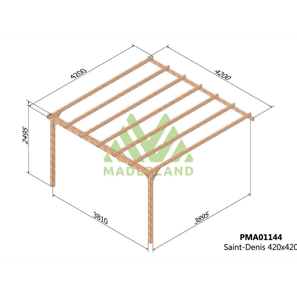 JARDIDECO Pergola adossée en bois massif Saint-Denis 420 x 420 cm - Maderland