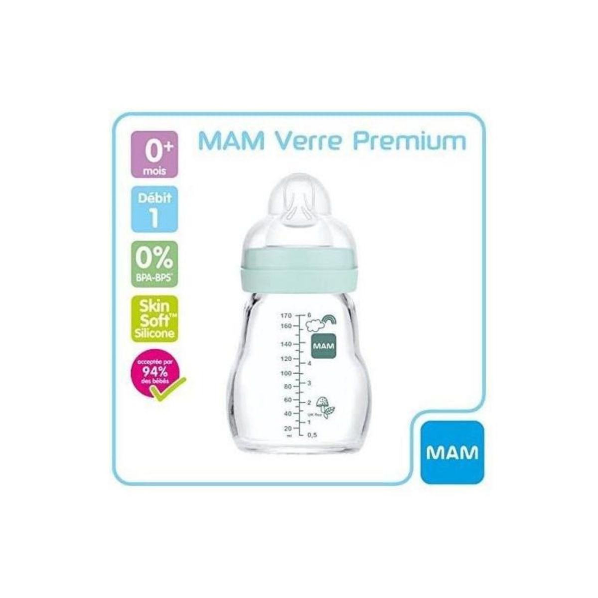 MAM MAM Biberon Verre - 170ml - Bleu - Tetine Debit 1