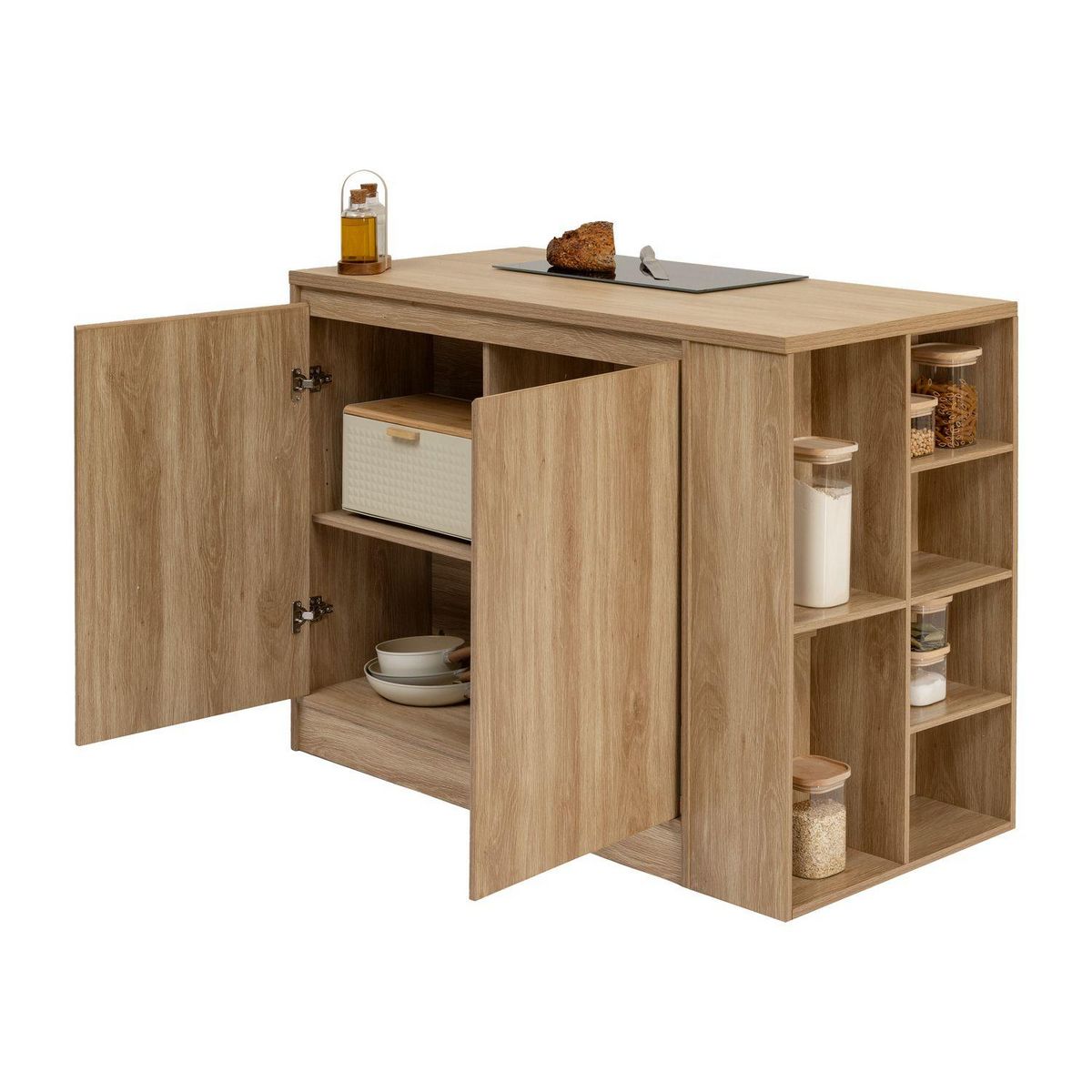 FIVE Ilot central 2 portes et 6 niches effet bois naturel ABANA - Beige