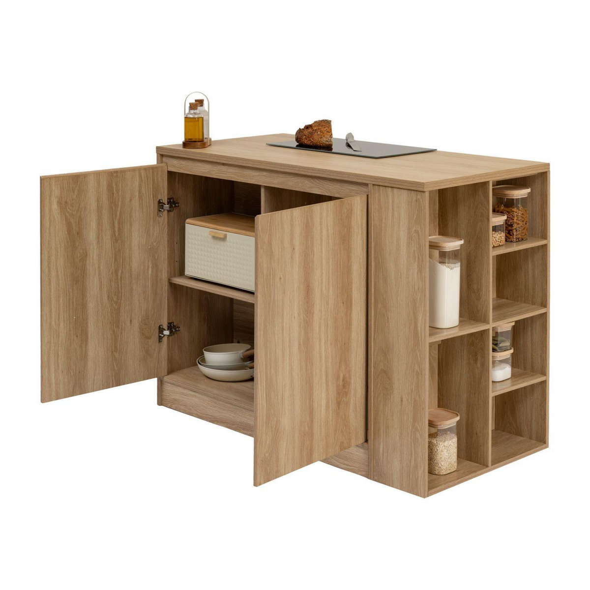 FIVE Ilot central 2 portes et 6 niches effet bois naturel ABANA - Beige