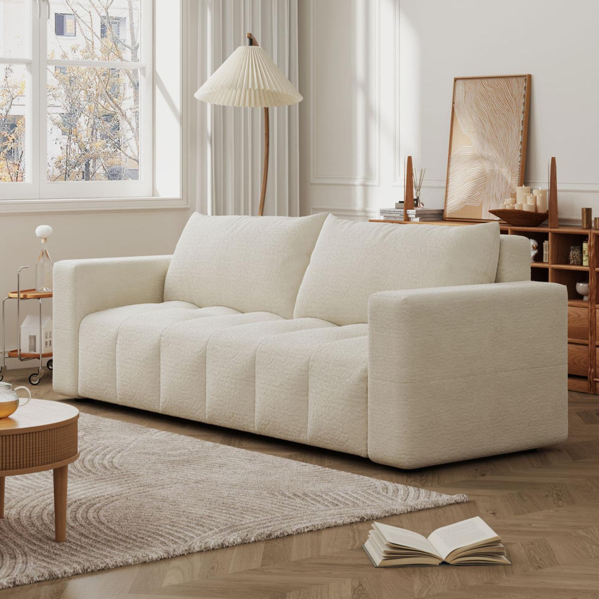 Voir la diapositive 4 : CONCEPT USINE Canapé convertible 3 places avec coffre en bouclette beige canterbury