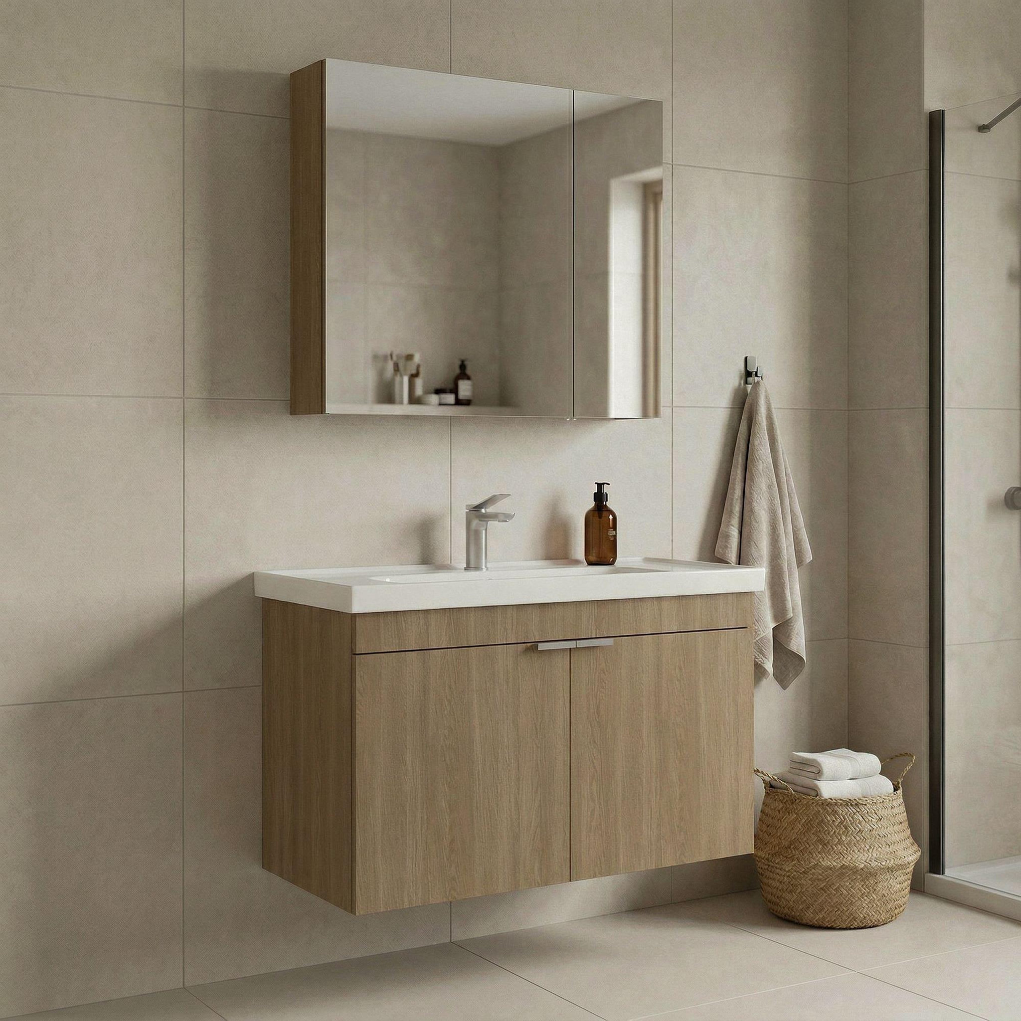 Voir la diapositive 2 : Habitat et Jardin Meuble avec simple vasque et miroir  Desna 90  - 90 x 45 x 58 cm - Oak