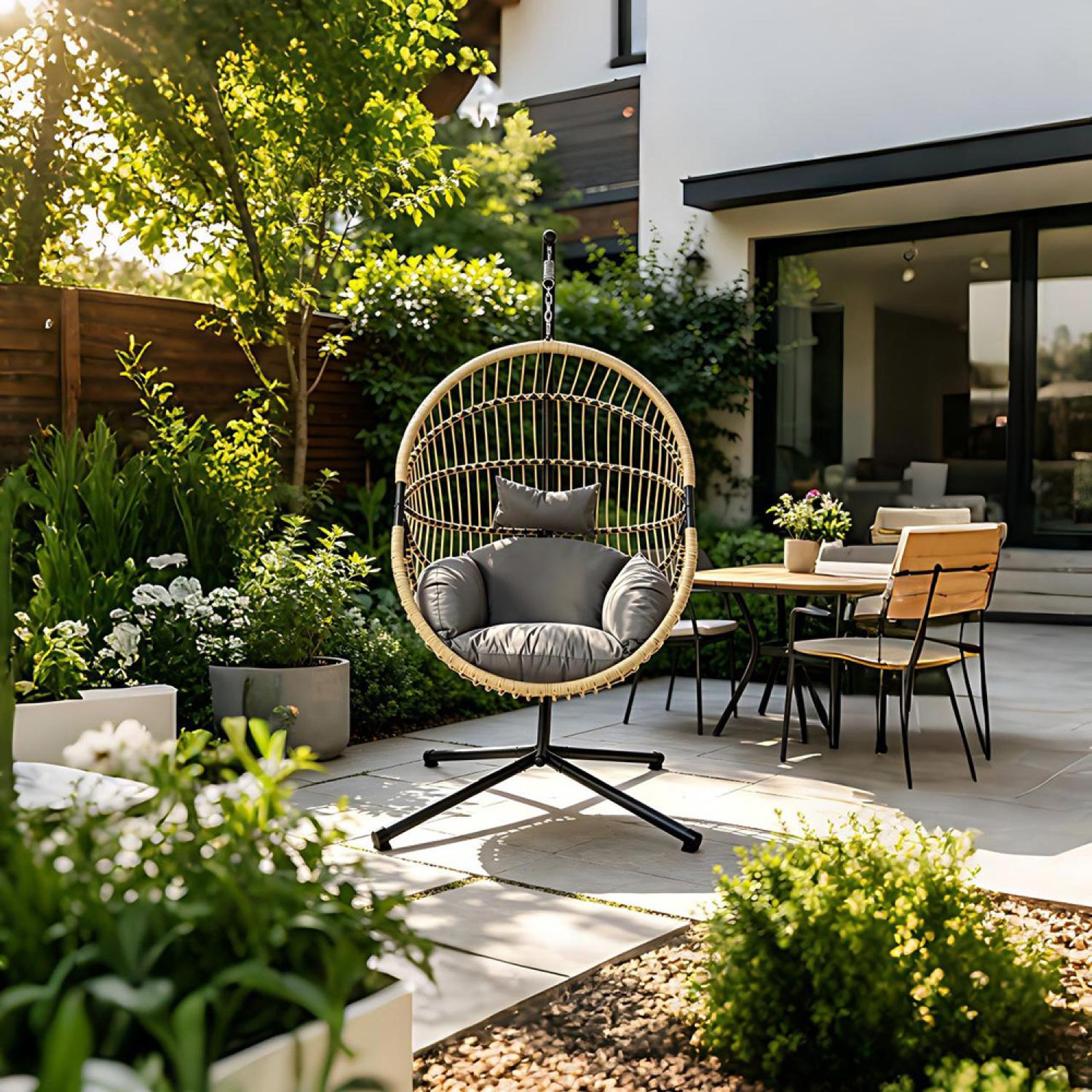 Voir la diapositive 4 : CONCEPT USINE Fauteuil suspendu effet rotin avec coussin gris brasilia