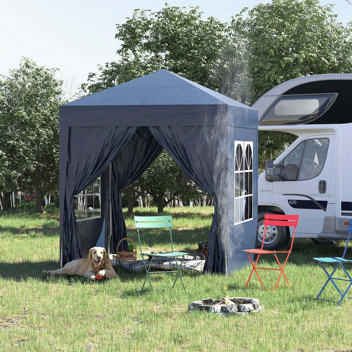 OUTSUNNY Tonnelle de jardin tente pliante barnum pop-up 2 x 2 m 4 parois latérales amovibles 2 fenêtres sac de transport pour camping, festival, plage, jardin bleu
