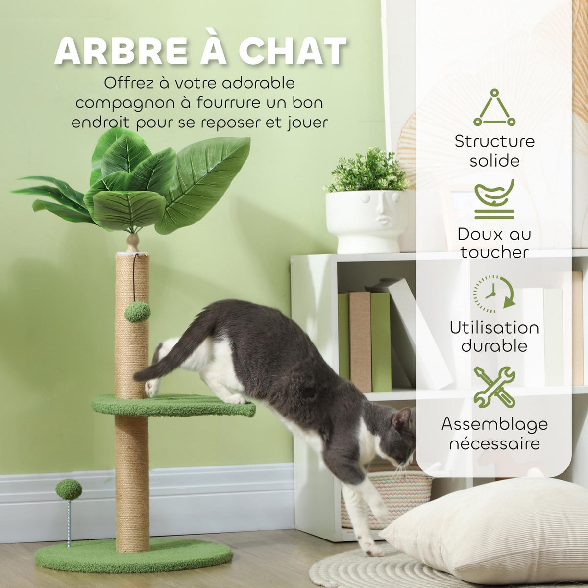 PAWHUT Arbre à chat design tropical - plateforme, griffoir, 2 jeux boules - beige vert