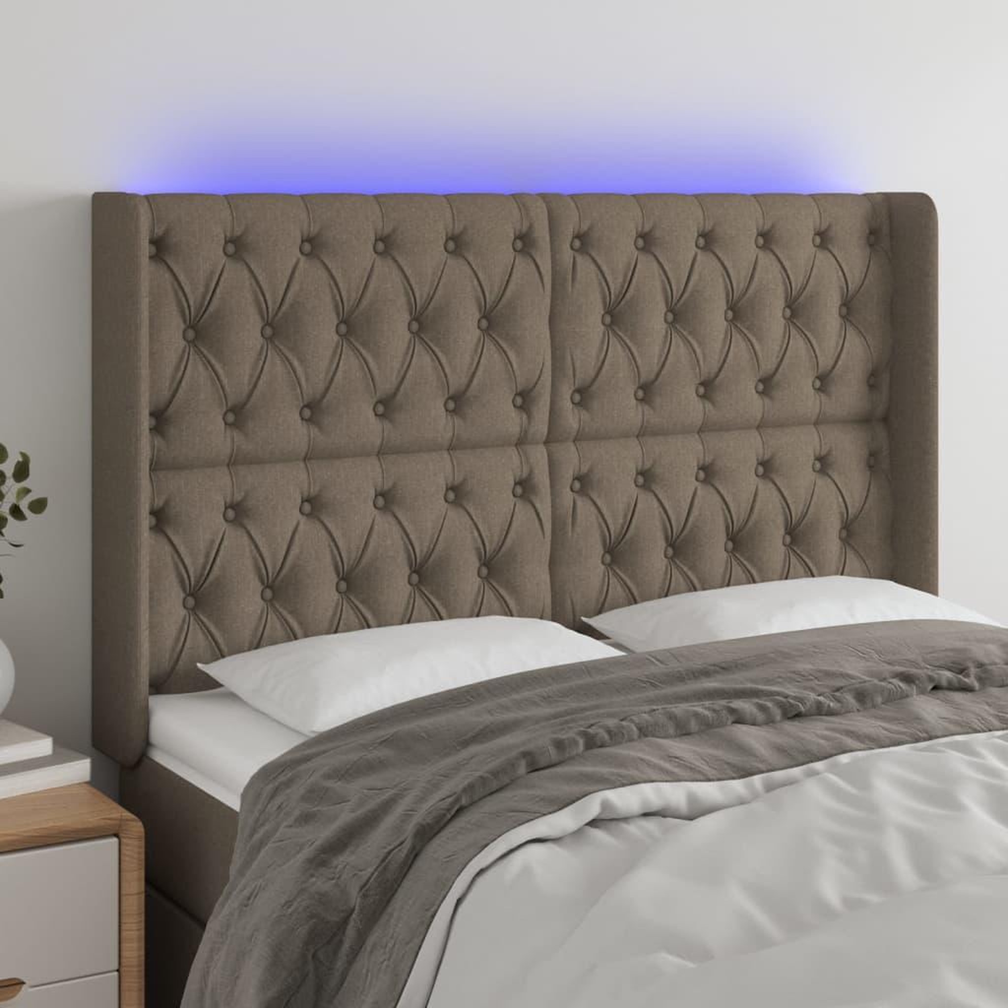 Voir la diapositive 1 : VIDAXL Tete de lit a LED Taupe 147x16x118/128 cm Tissu
