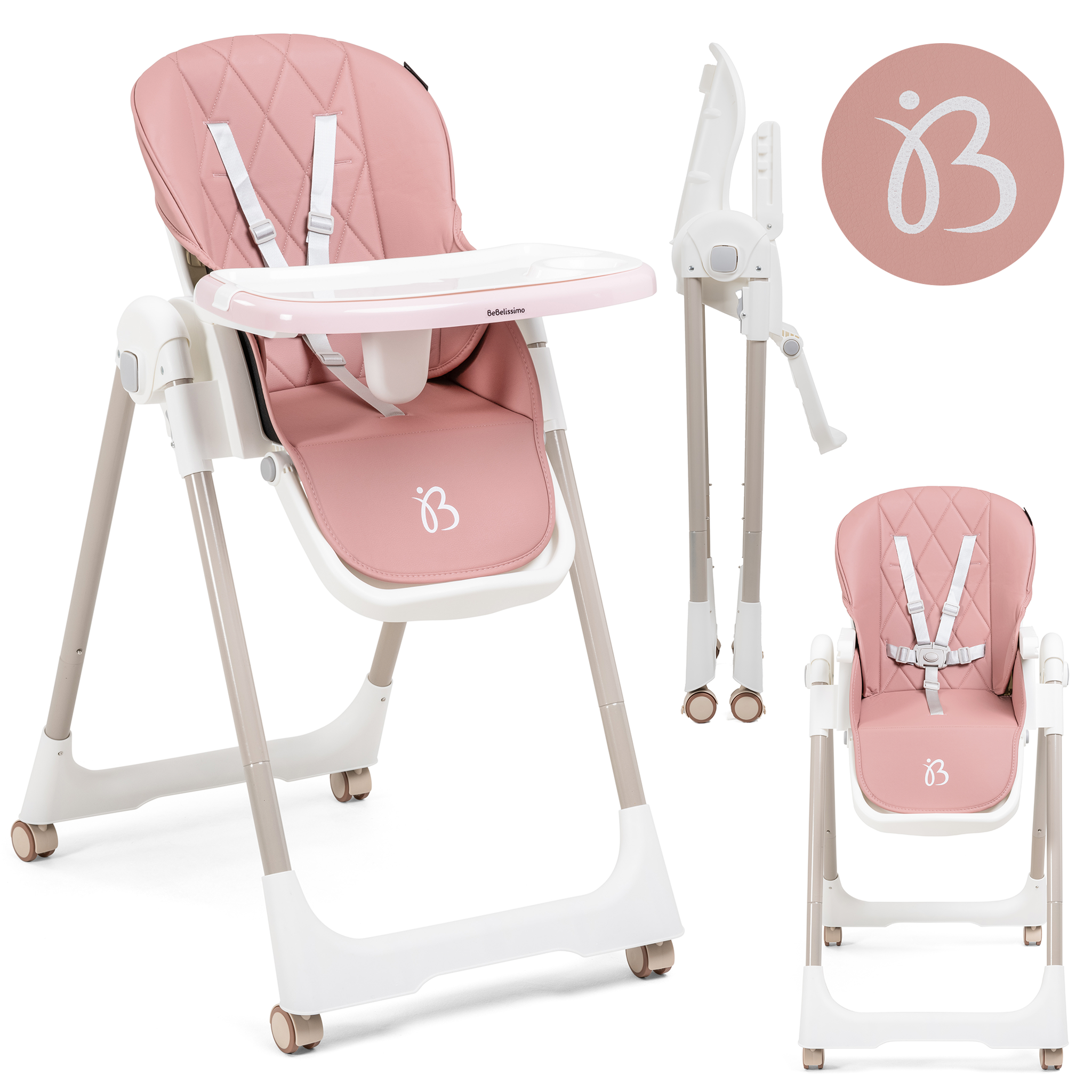BEBELISSIMO Chaise haute évolutive bébé - Pliable - Compacte - Réglable hauteur - De 6 mois à 3 ans (15kg) - rose