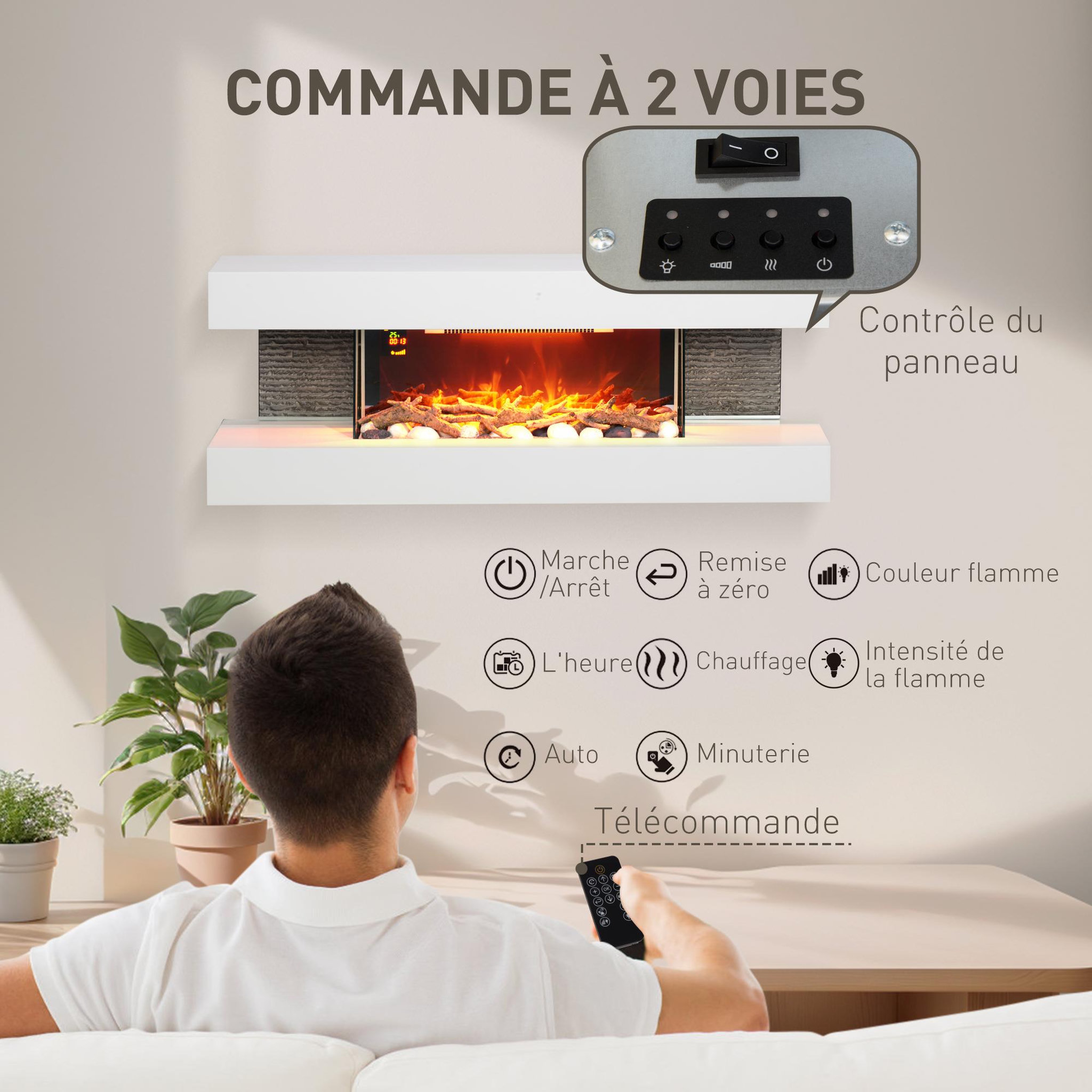Voir la diapositive 5 : HOMCOM Cheminée électrique design contemporain 2000W effets flammes LED 3D dim. 119L x 30l x 45H cm éléments décoratifs télécommande inclus blanc