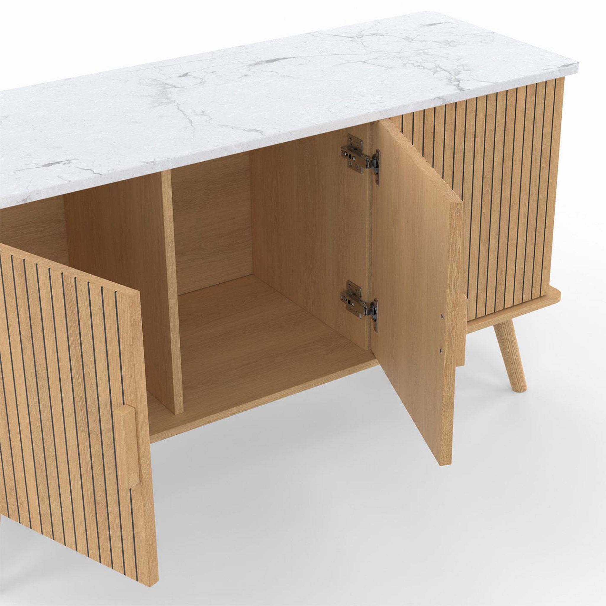 Voir la diapositive 6 : ID MARKET Buffet 110 cm juliette plateau effet marbre 3 portes lattes tasseau bois coloris chêne