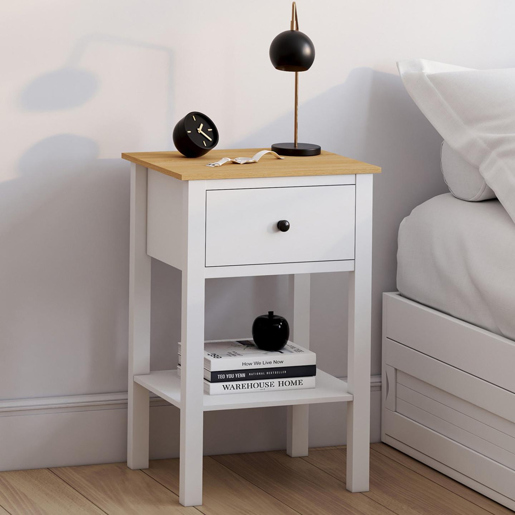Voir la diapositive 2 : ID MARKET Lot de 2 tables de chevet achille 1 tiroir et 1 tablette blanc et plateau bois