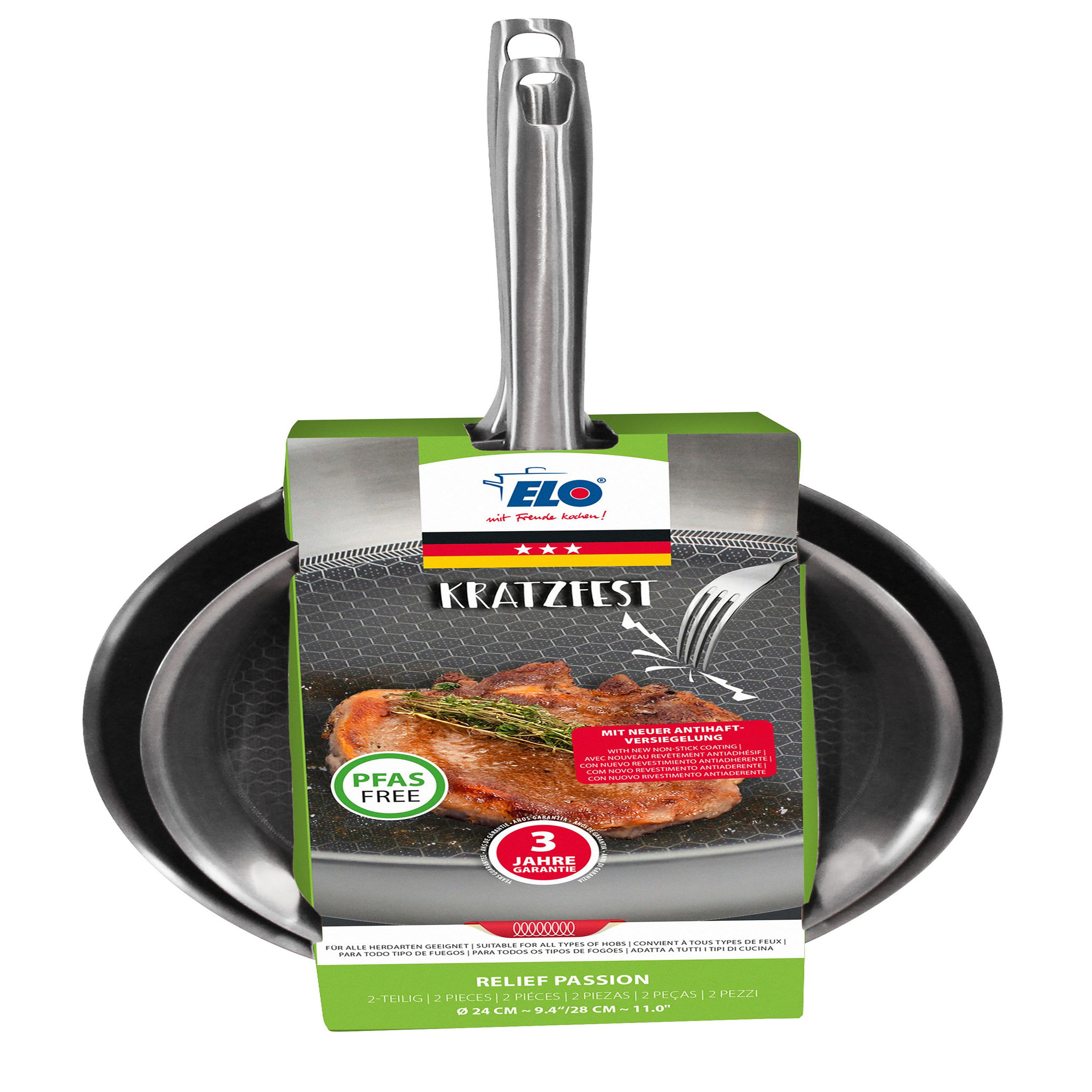 Voir la diapositive 3 : ELO Set de 2 poêles 24 et 28 cm en acier inoxydable et revêtement sans pfas elo relief passion