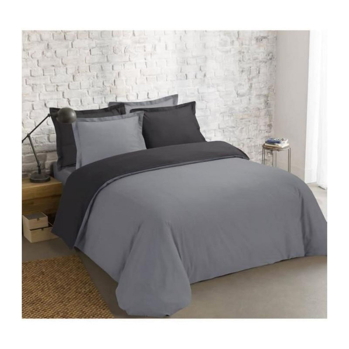 VISION VISION - Bicolore - Housse de couette Réversible 200x200cm avec 2 taies 65x65cm - Anthracite/gris - 100% coton