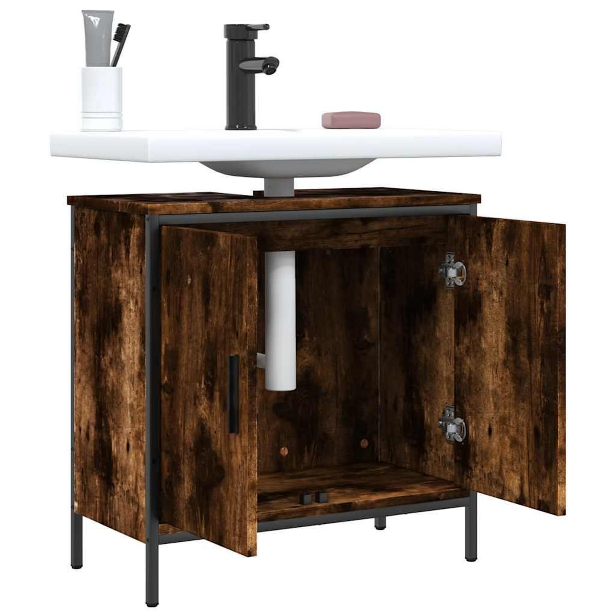 Voir la diapositive 4 : VIDAXL Armoire lavabo de salle de bain chene fume 60x30x60 cm