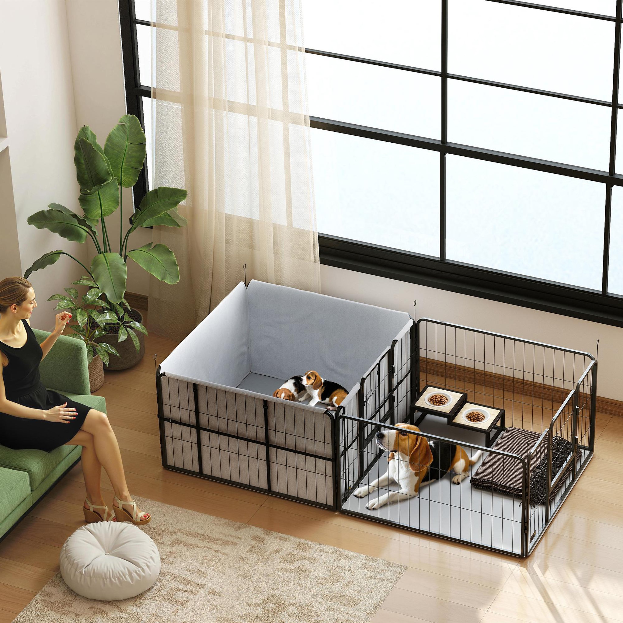 Voir la diapositive 2 : PAWHUT Parc de mise bas pour chien 2 zones séparées toiles tapis gris noir