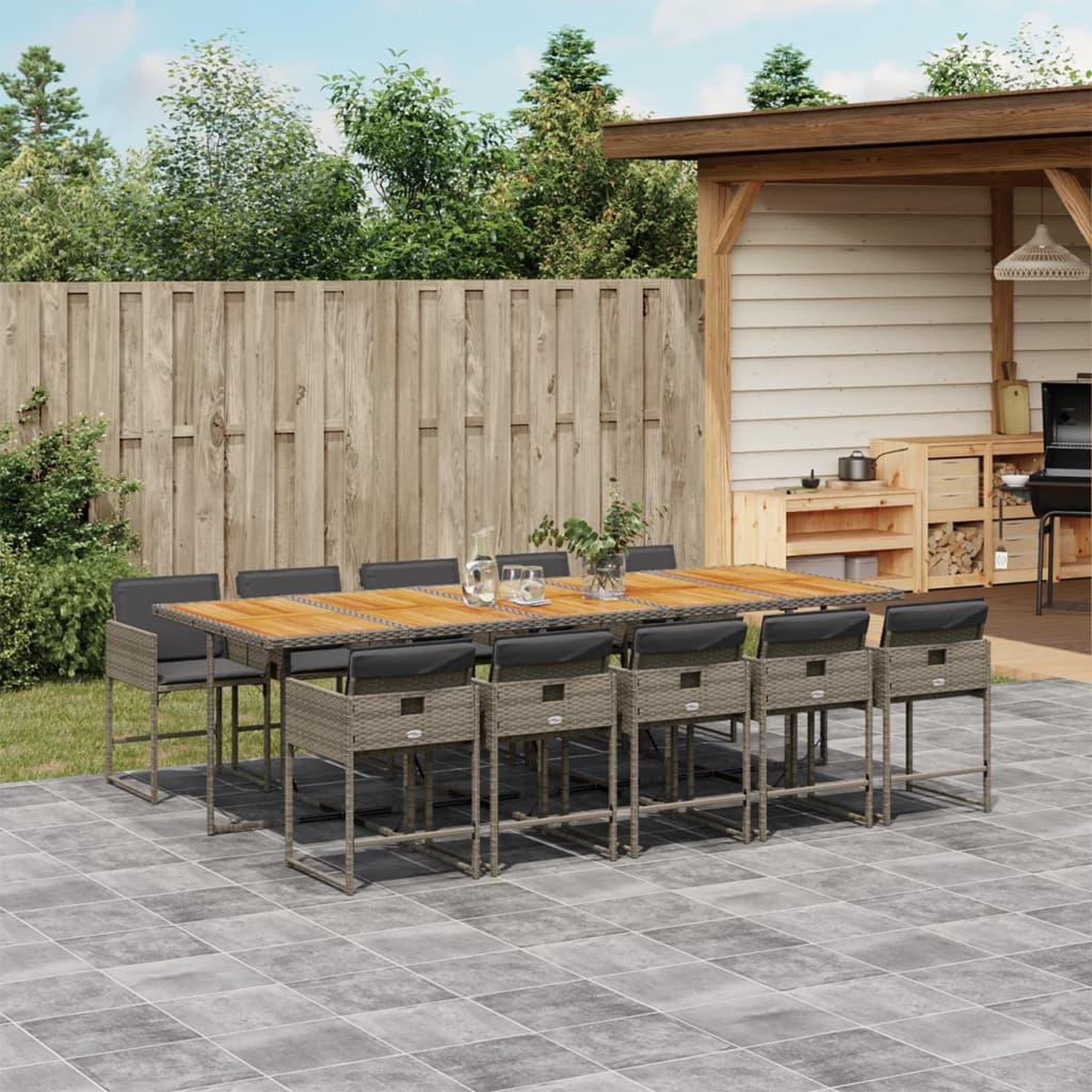 VIDAXL Ensemble a manger de jardin 11pcs avec coussins gris poly rotin