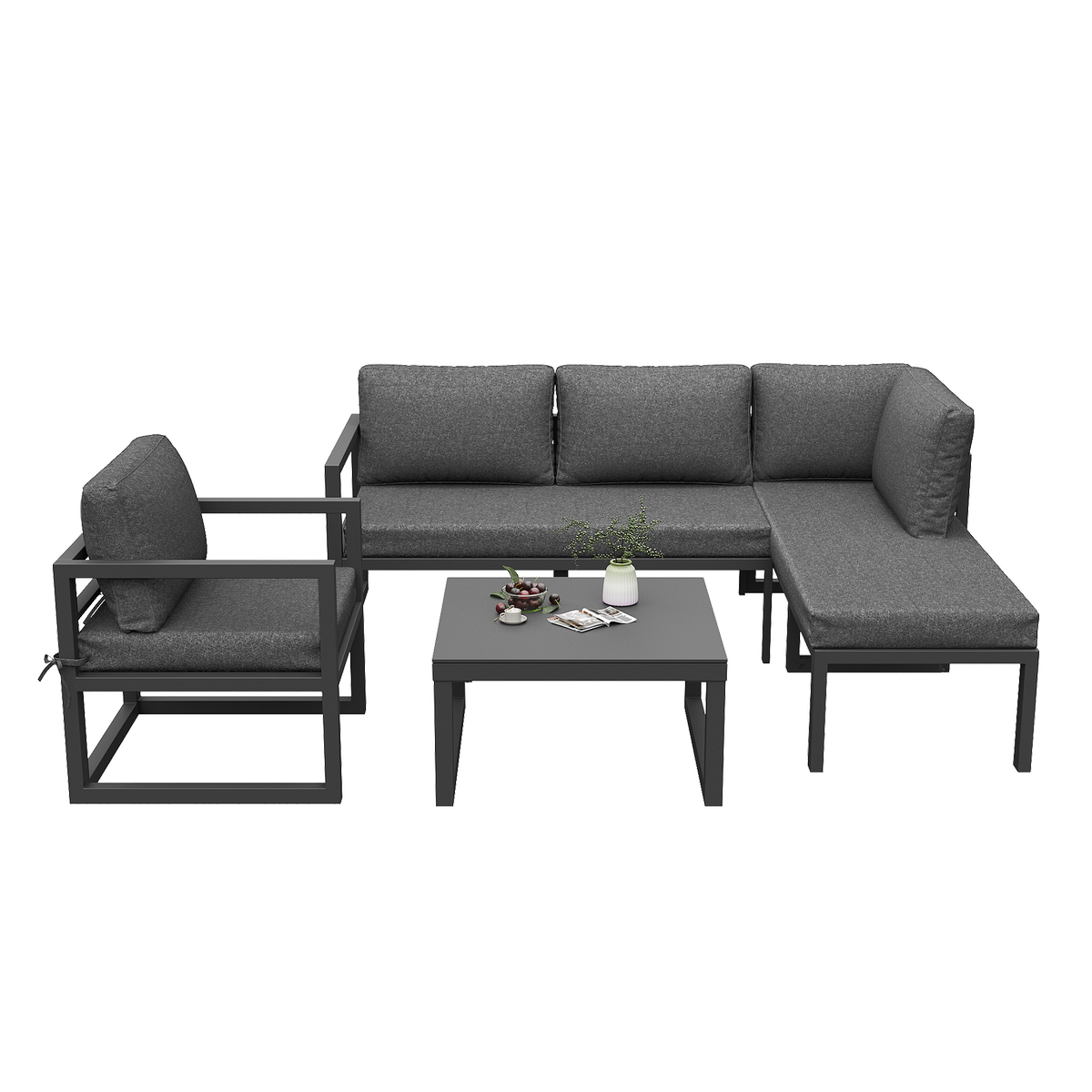 MERAX Salon de jardin module angle 6 places en fer avec pieds réglables, coussins, gris