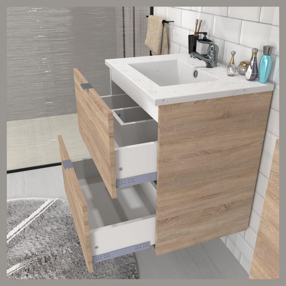 Meuble de salle de bain sous vasque avec vasque encastrée 2 tiroirs, 60cm FARO blanc