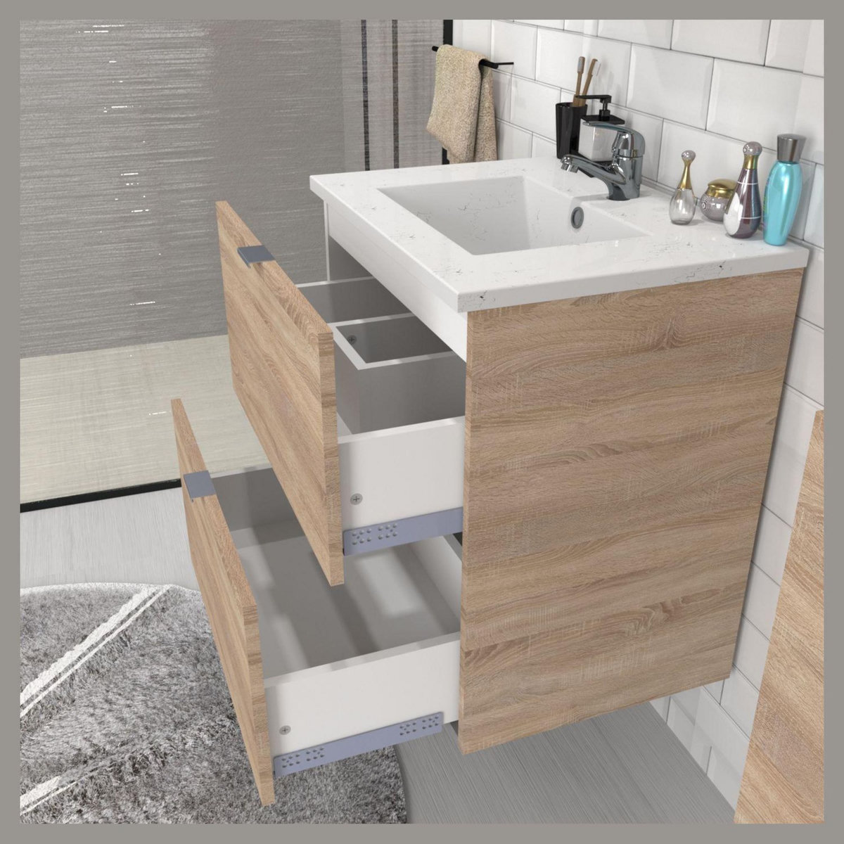 Meuble de salle de bain sous vasque avec vasque encastrée 2 tiroirs, 60cm FARO blanc