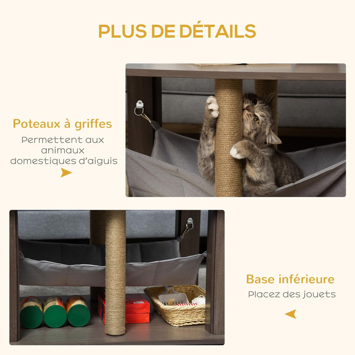 PAWHUT Table basse arbre à chat 2 en 1 - centre d'activités avec hamac, griffoirs - dim. 79L x 59l x 45,5H cm - polyester aspect bois gris