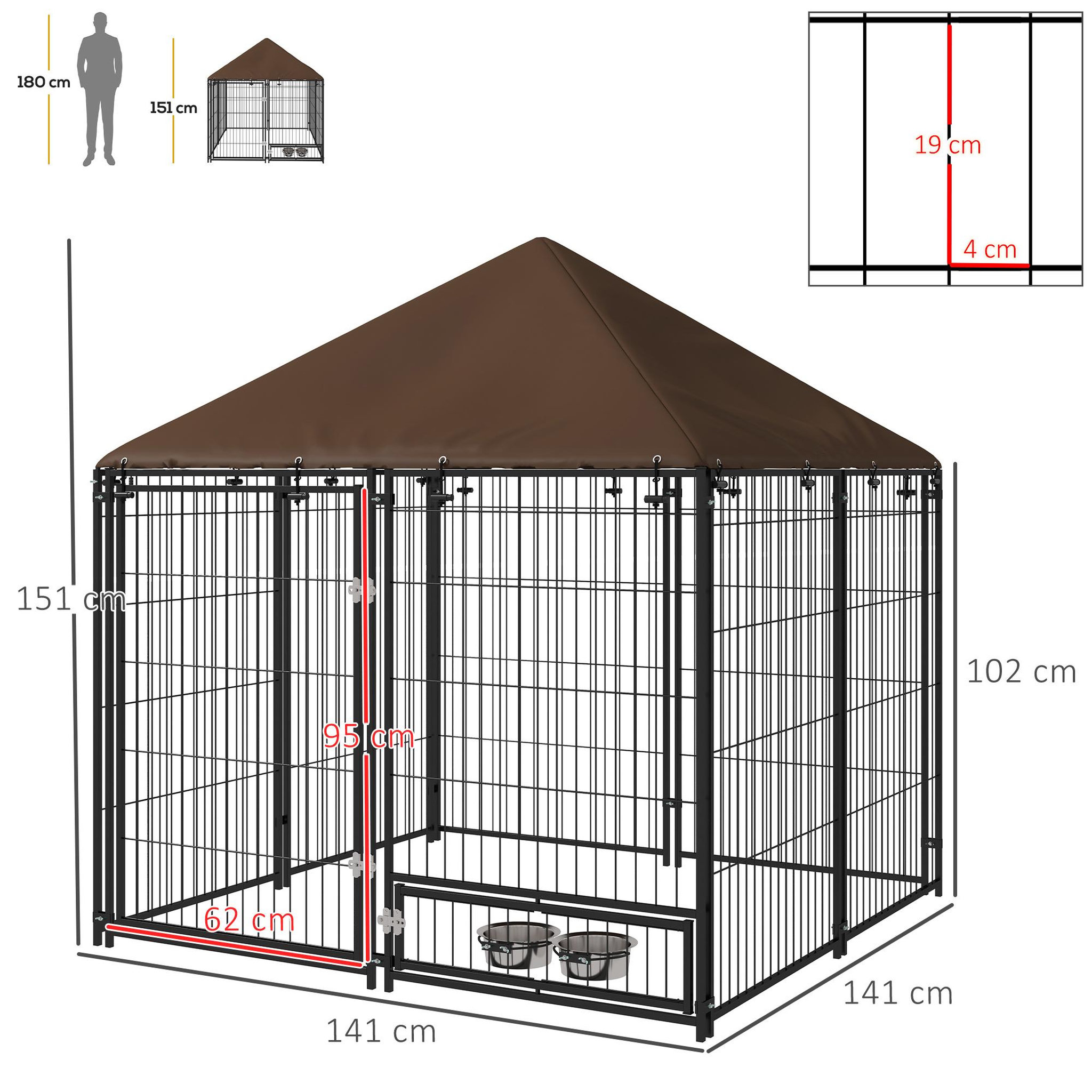 Voir la diapositive 3 : PAWHUT Chenil extérieur pour chiens en métal et tissu oxford avec support gamelle et toit résistant aux intempéries espace spacieux 141l x 141l x 151h cm noir