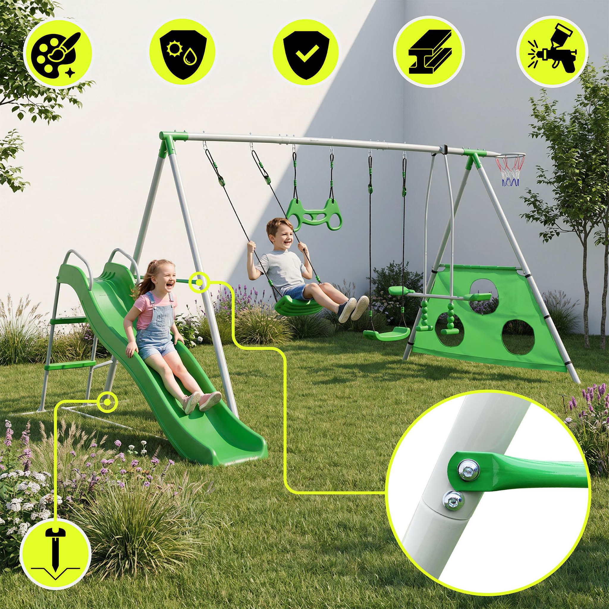 Voir la diapositive 3 : HYPERMOTION Aire de jeux de jardin XXXL avec balançoires, toboggan et accessoires sportifs