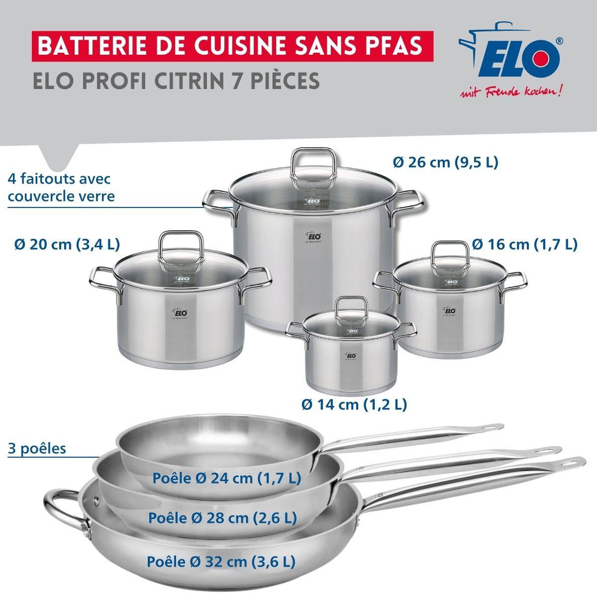 Voir la diapositive 2 : ELO Ensemble de 3 poêles de cuisson 24, 28 et 32 cm et 4 faitouts 14, 16, 20 et 26 cm elo profi citrin
