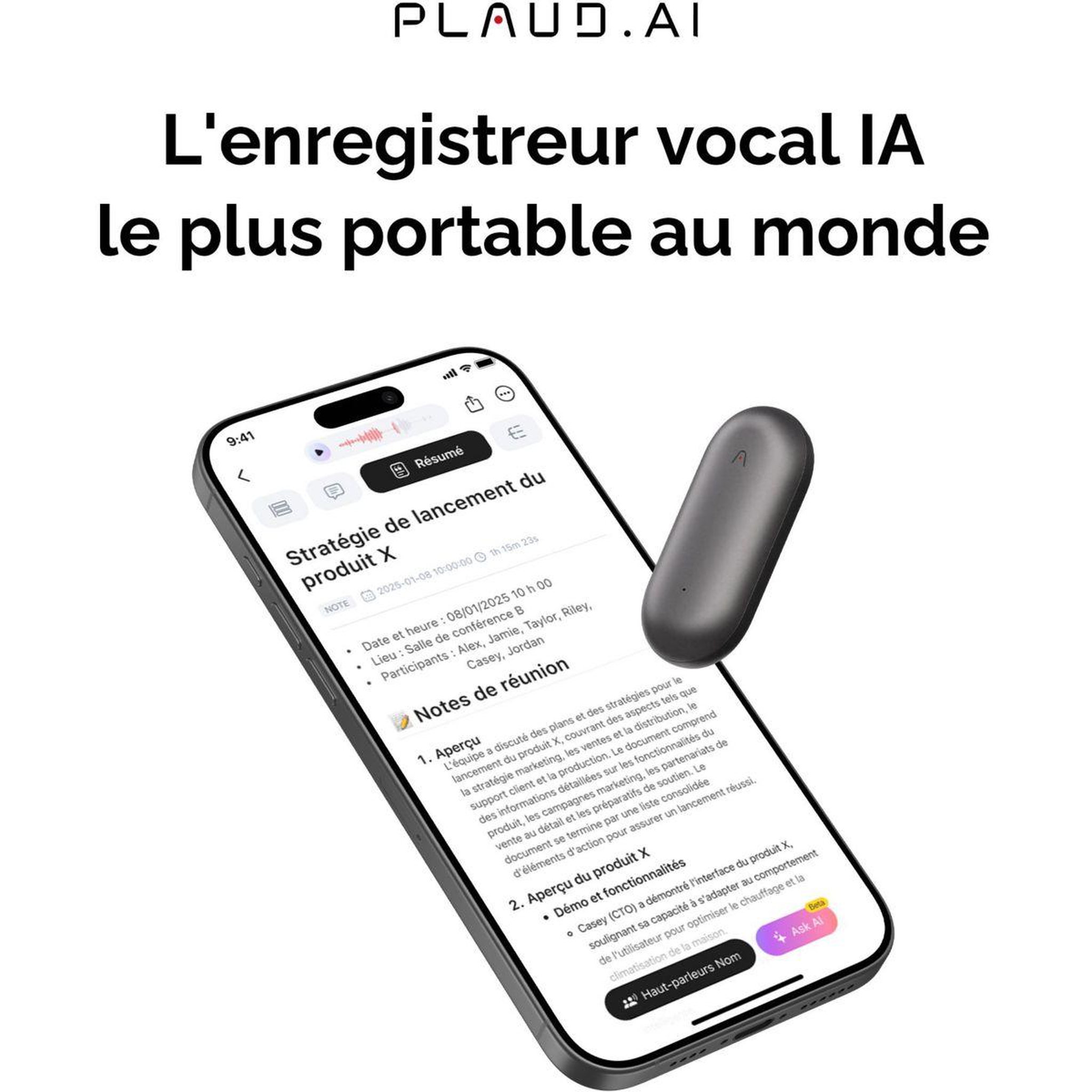 Voir la diapositive 2 : PLAUD DICTAPHONE NotePin Cosmic Gray